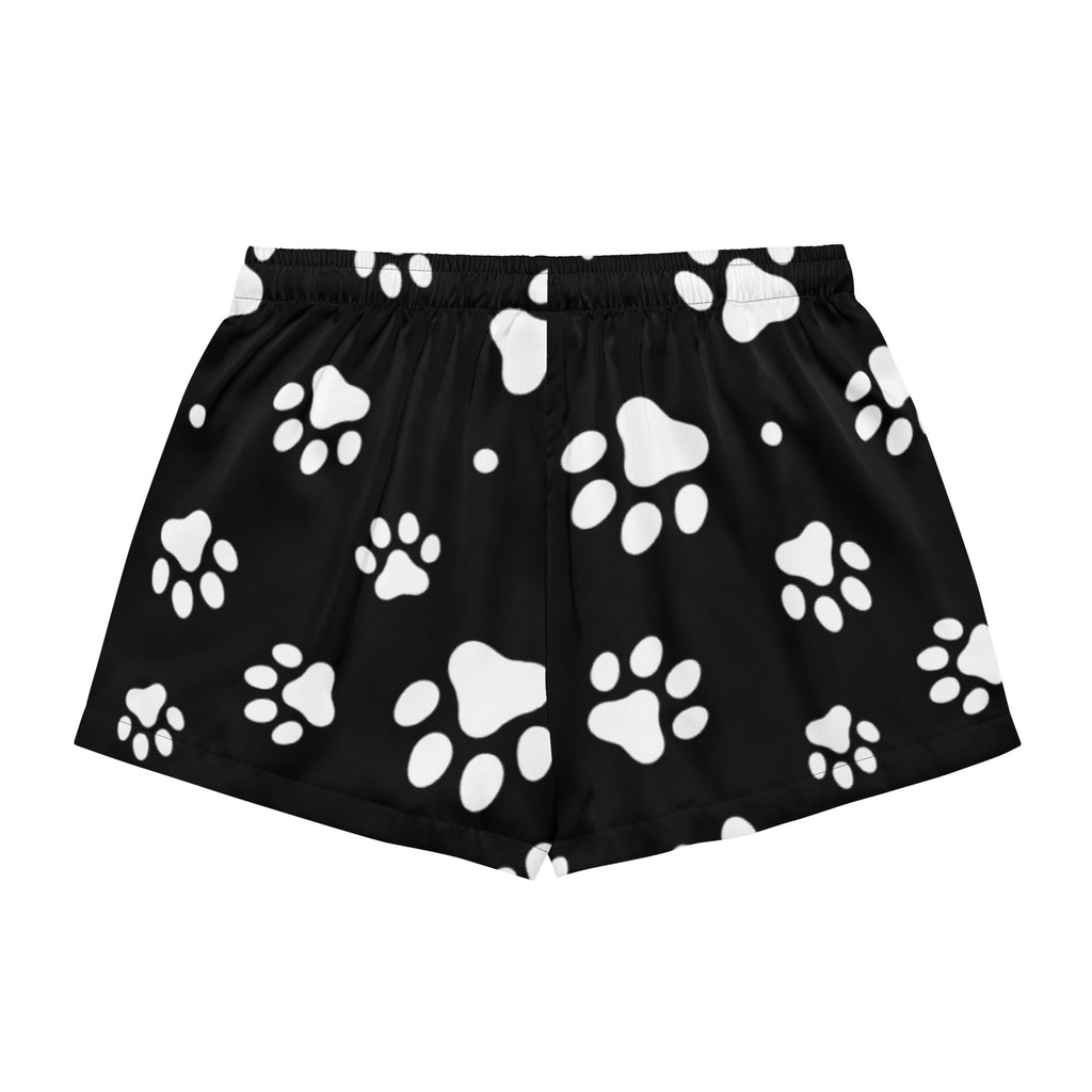 Women’s black silky pajama shorts with white paw print pattern lightweight relaxed fit and drawstring waist