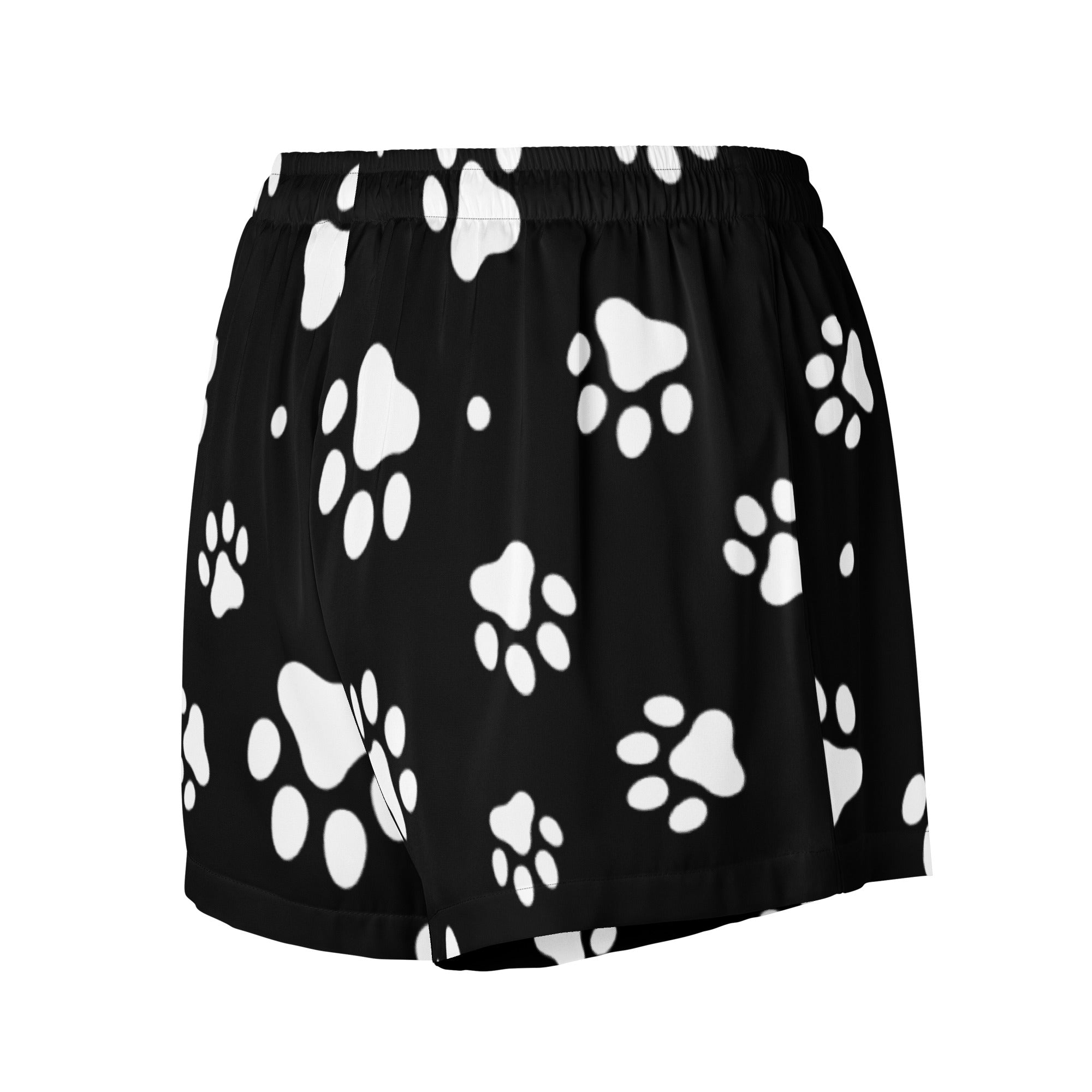 Women’s black silky pajama shorts with playful white paw prints lightweight relaxed fit with drawstring waist