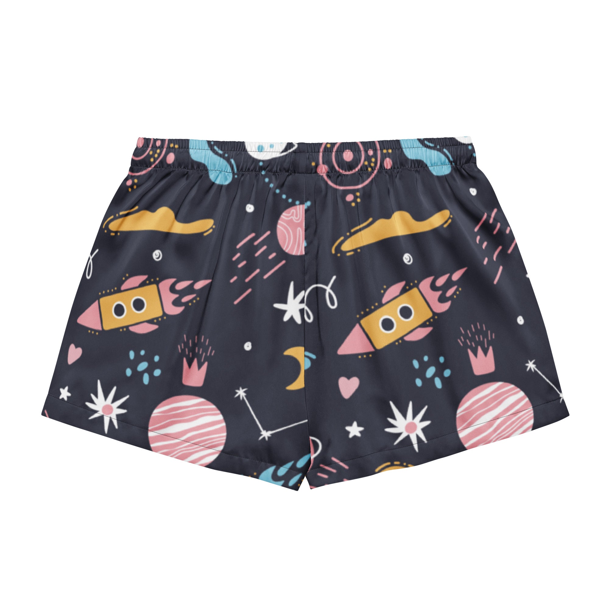 Dark blue silky women’s pajama shorts with playful outer space pattern featuring rockets planets stars and hearts
