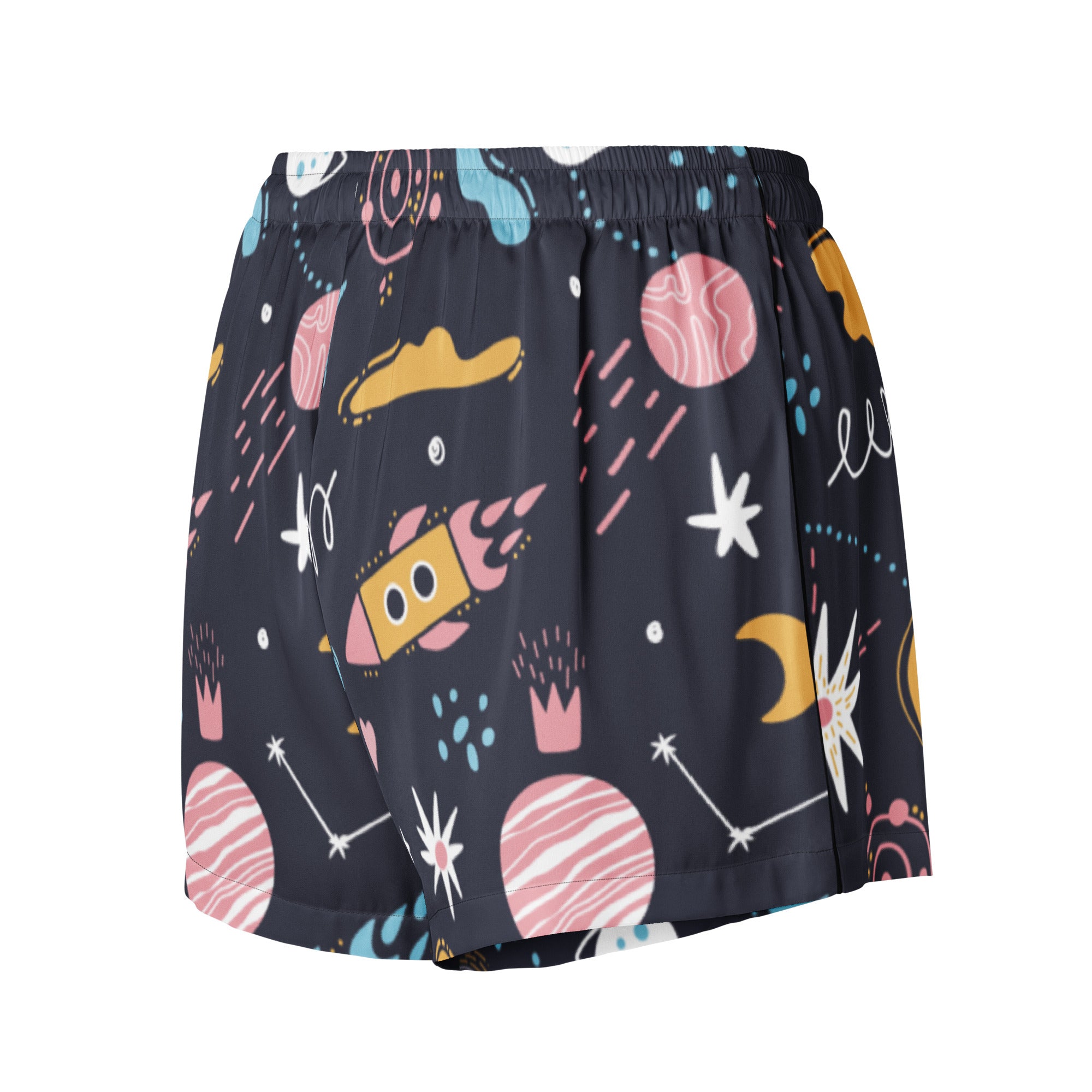 Women’s outer space silky pajama shorts in dark blue with colorful planets rockets stars and moons in lightweight fabric