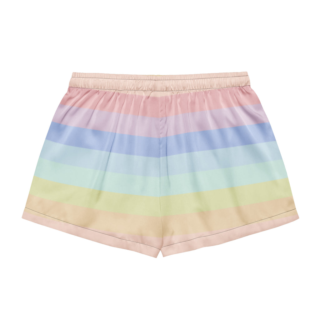 Women’s striped pastel rainbow silky pajama shorts with soft elastic waistband and lightweight relaxed fit