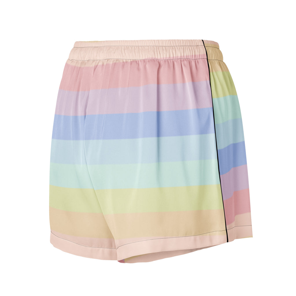 Women’s pastel rainbow striped silky pajama shorts with soft elastic waistband and subtle black side seam
