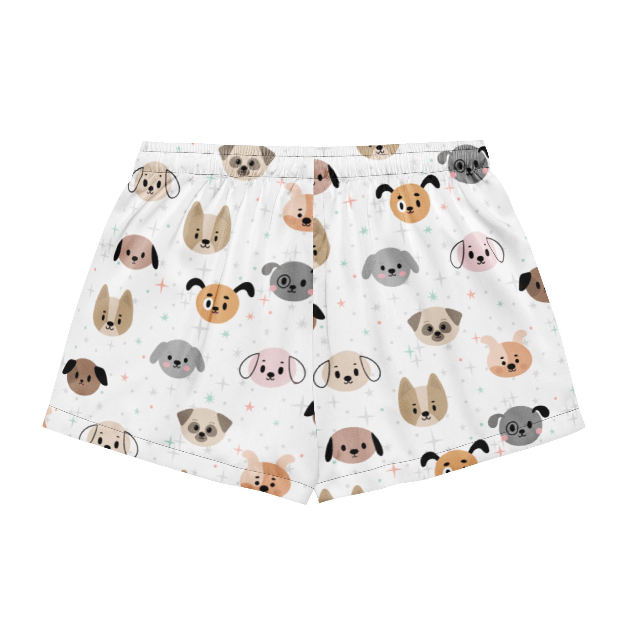White women’s silky pajama shorts with a playful pastel cartoon dog pattern lightweight relaxed fit with drawstring waist