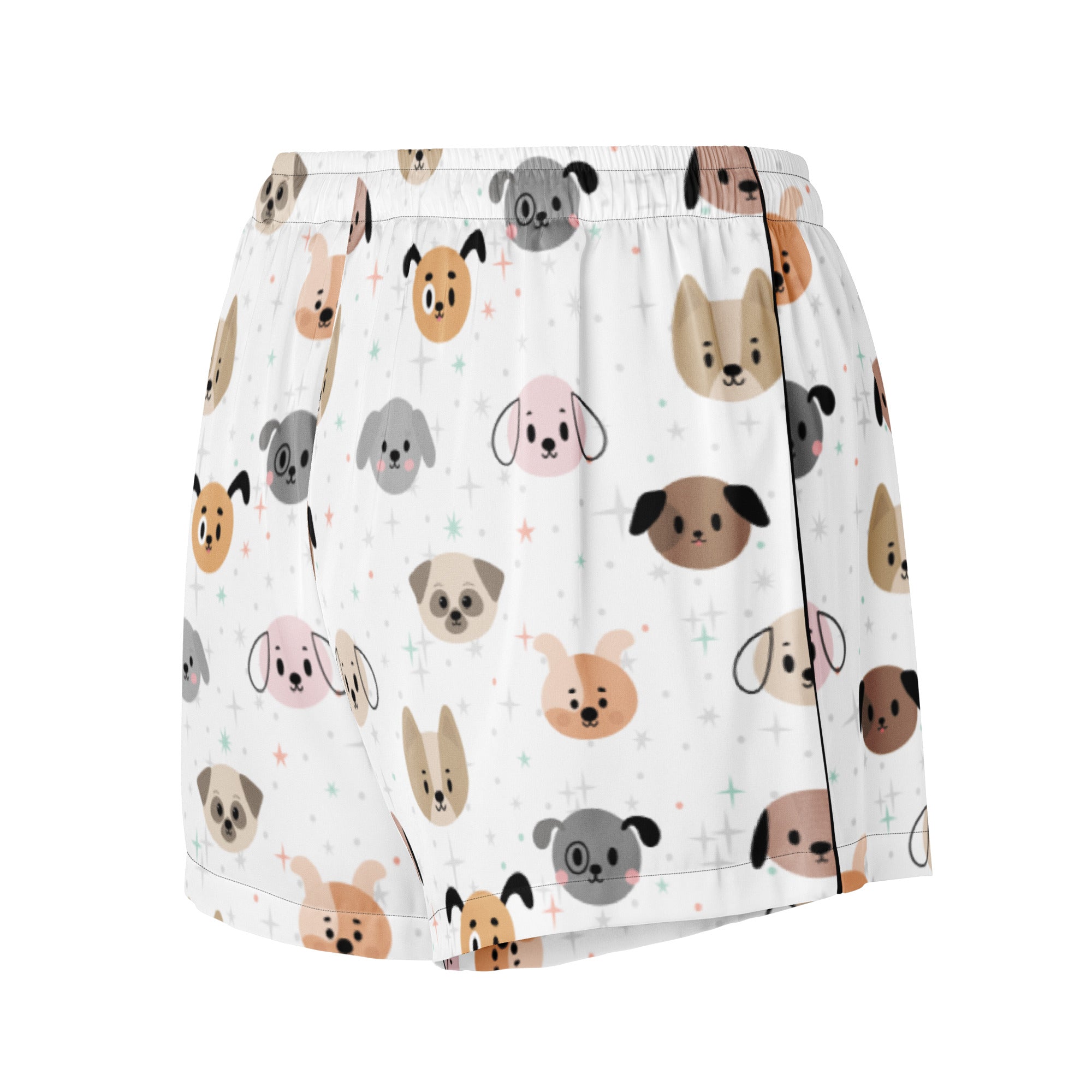 White silky pajama shorts with playful cartoon dog pattern in gray tan and pink featuring lightweight relaxed fit and drawstring waist