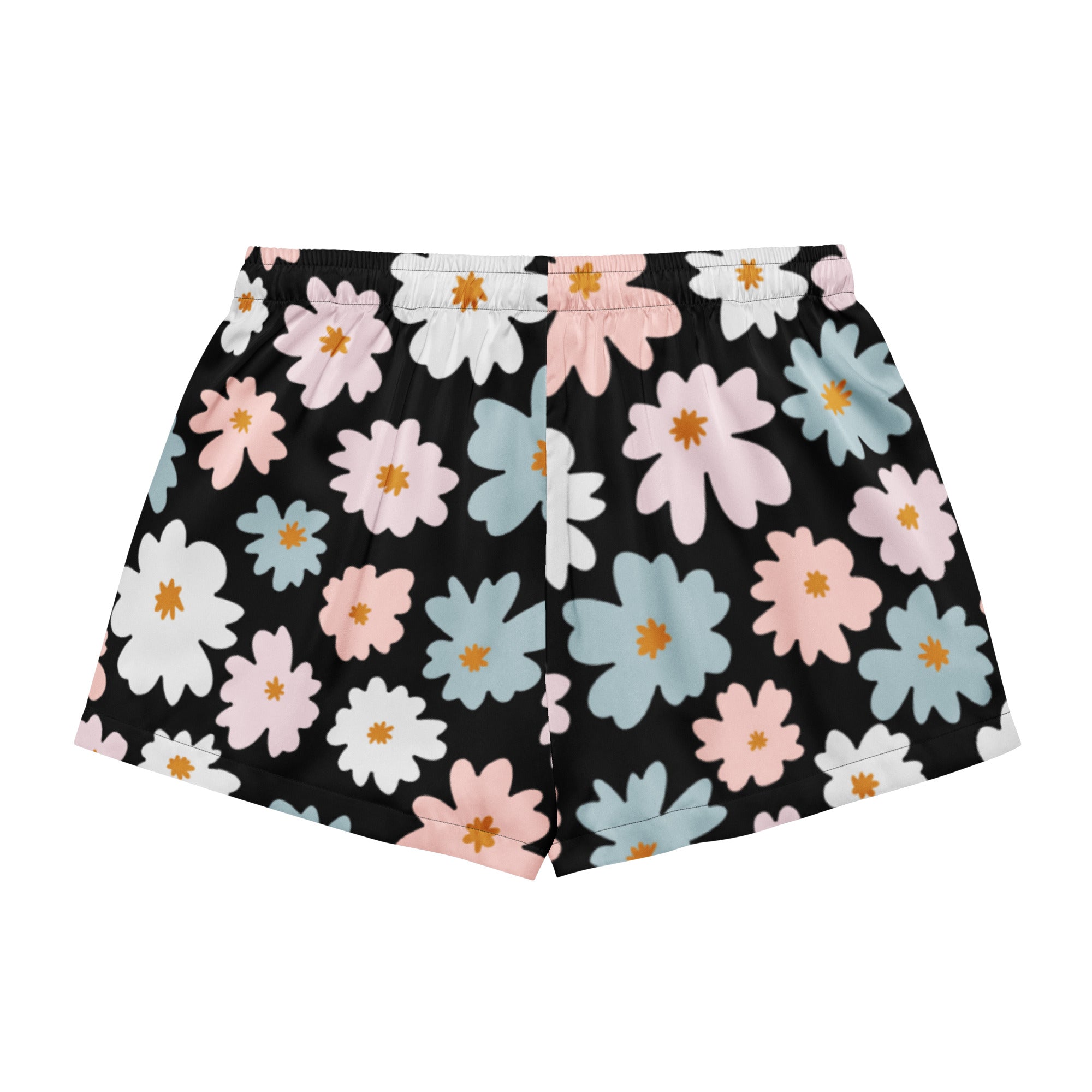 Women’s retro floral silky pajama shorts in black with white pink and light blue daisies featuring a drawstring waist