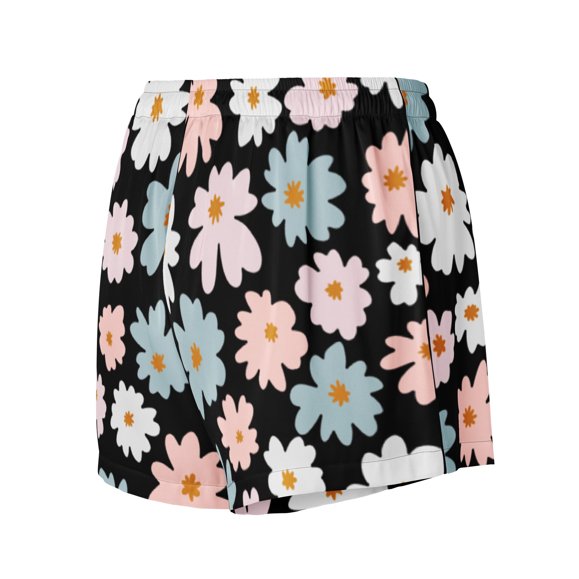 Women’s retro floral silky pajama shorts in black with pastel pink white and blue daisies featuring orange centers