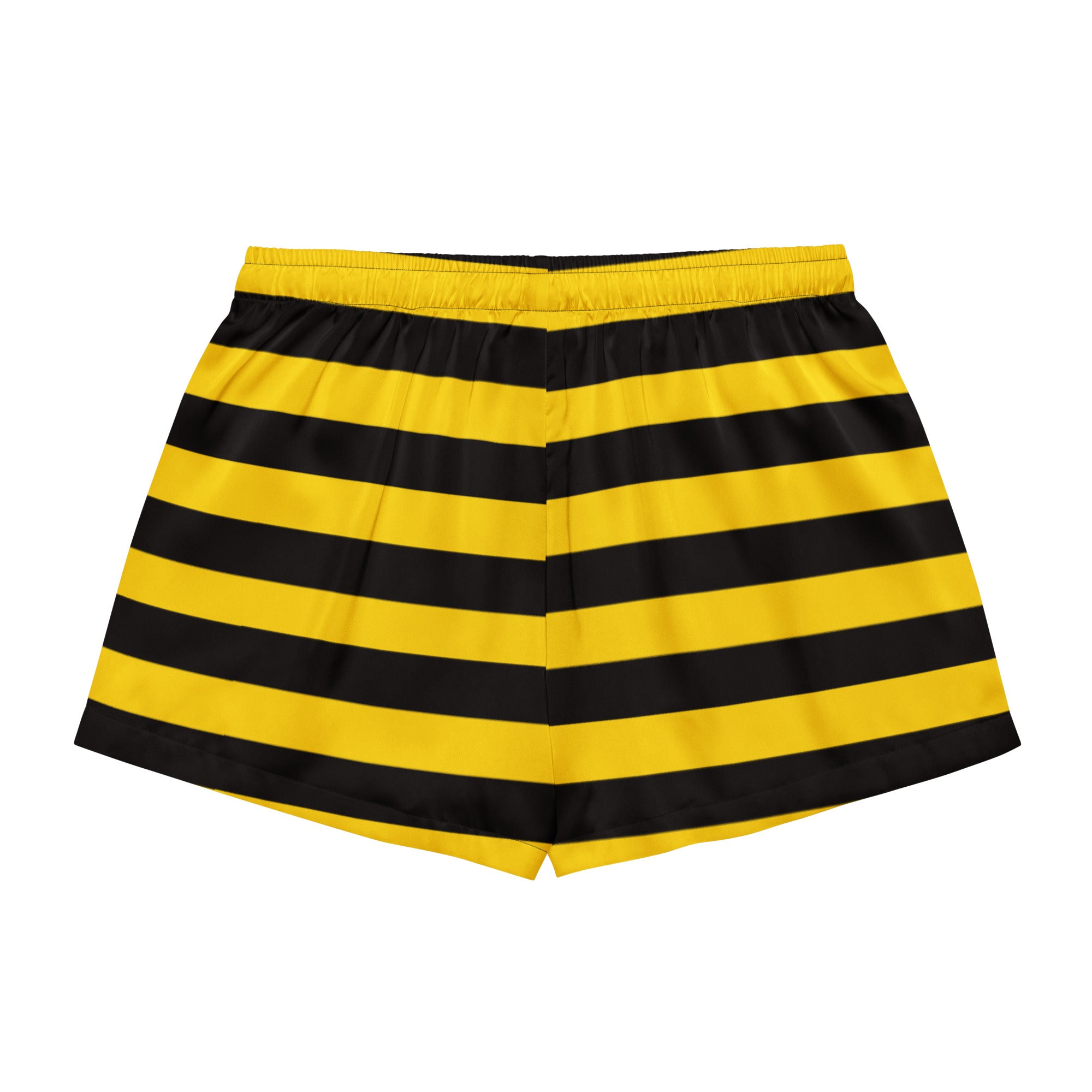 Women’s bumblebee striped silky pajama shorts in yellow and black with elastic waistband and lightweight relaxed fit