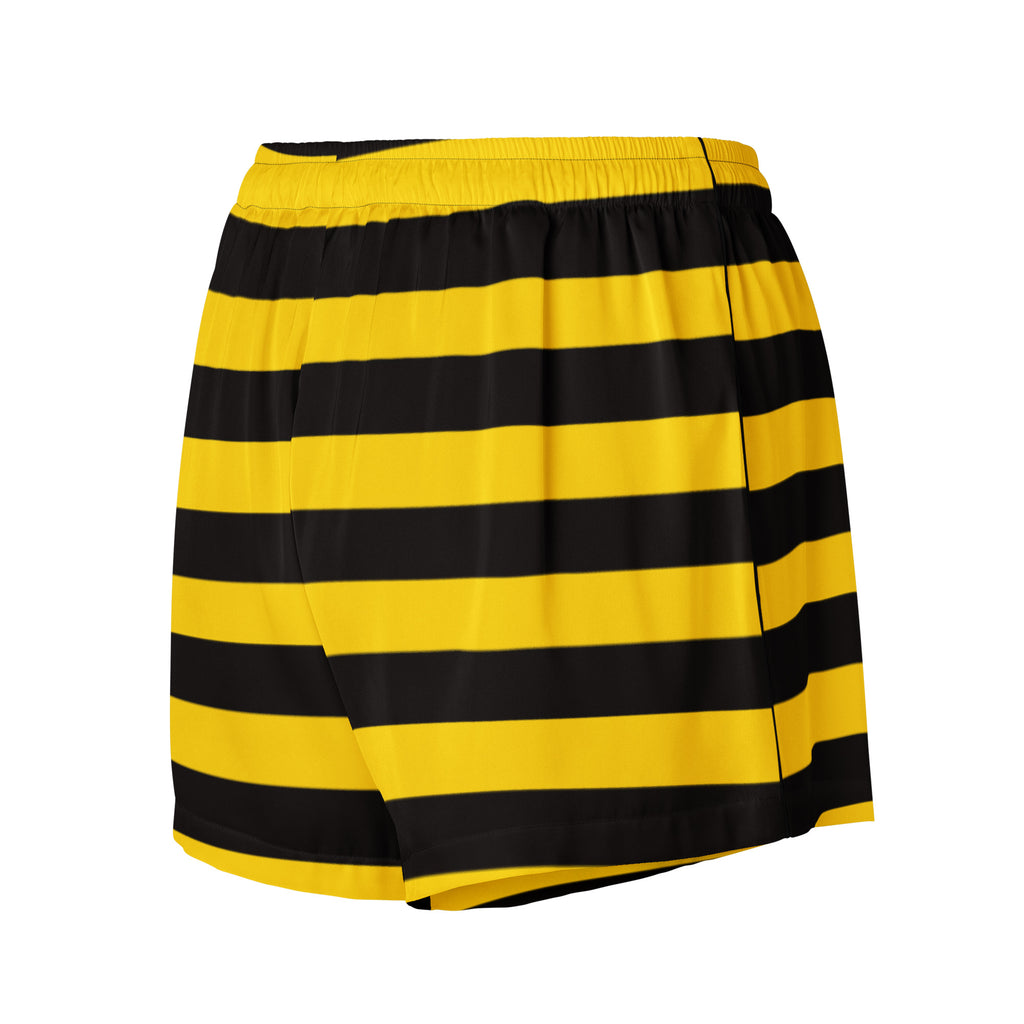 Women’s bumblebee striped silky pajama shorts in yellow and black with elastic waistband for lightweight comfort