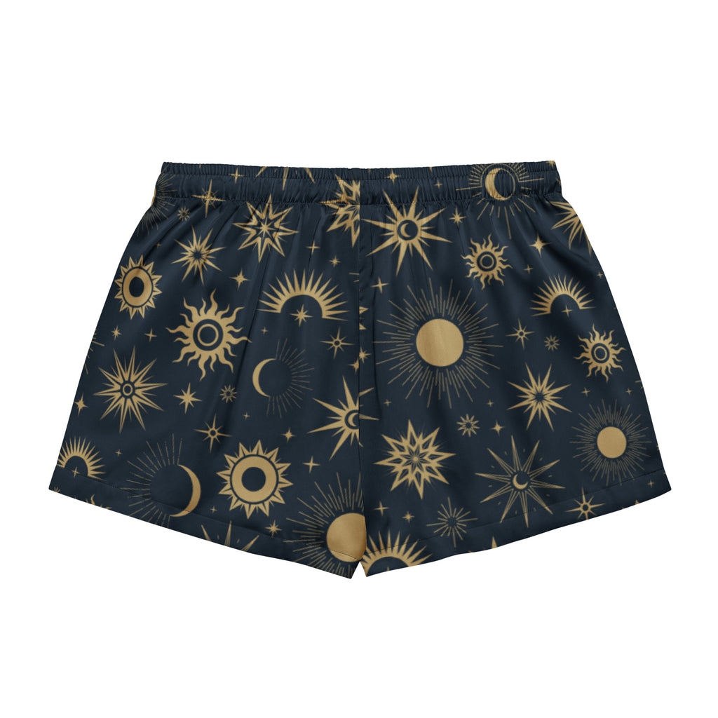 Dark blue women’s silky pajama shorts with celestial gold sun moon and star pattern lightweight relaxed fit