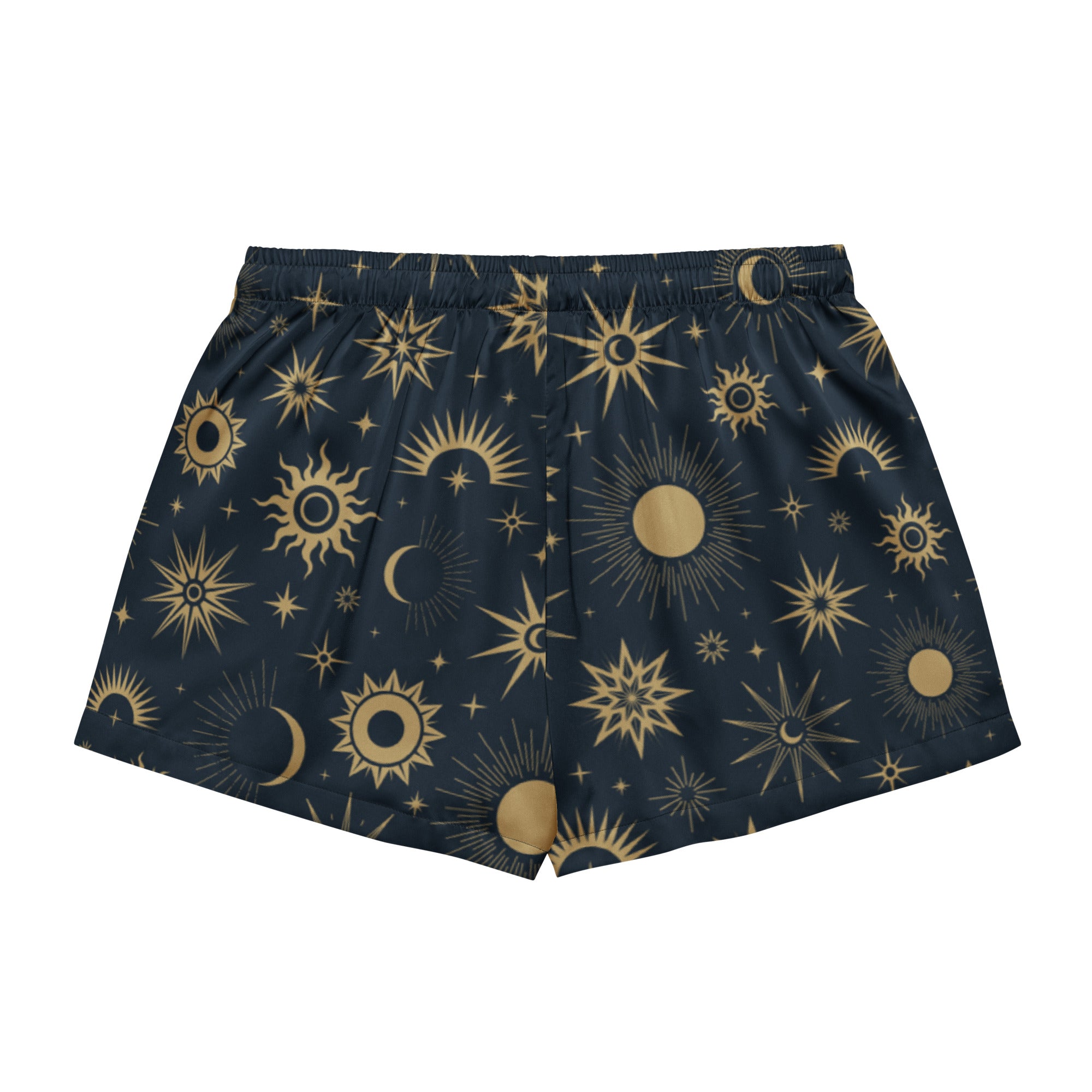 Dark blue women’s silky pajama shorts with celestial gold sun moon and star pattern lightweight relaxed fit