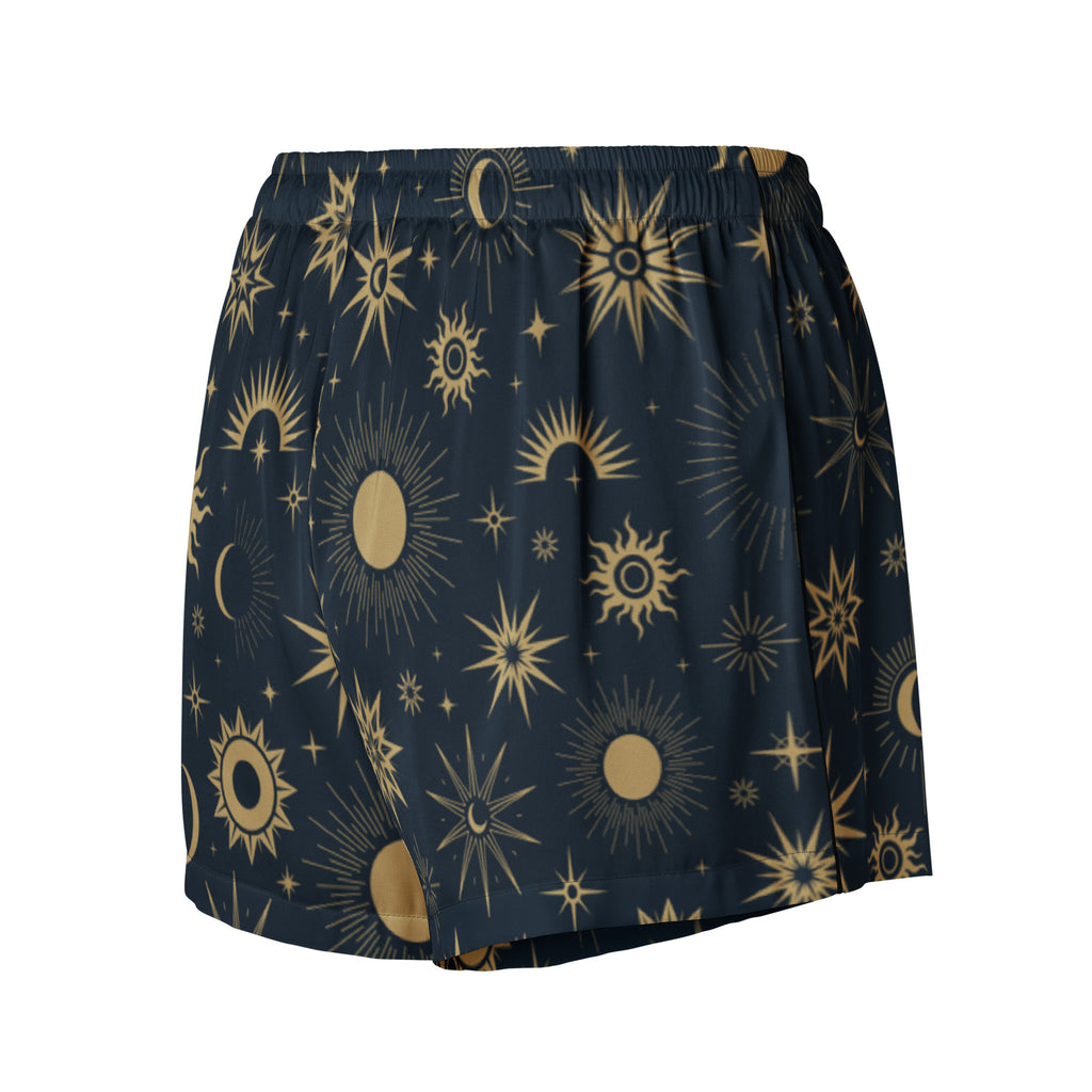 Dark blue silky women’s pajama shorts with vibrant gold celestial suns moons stars pattern and drawstring waist