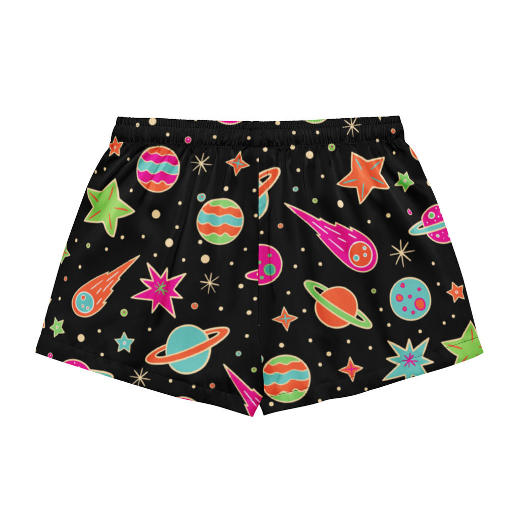 Women’s retro neon space silky pajama shorts in black with vibrant cosmic pattern and drawstring waist for lightweight comfort
