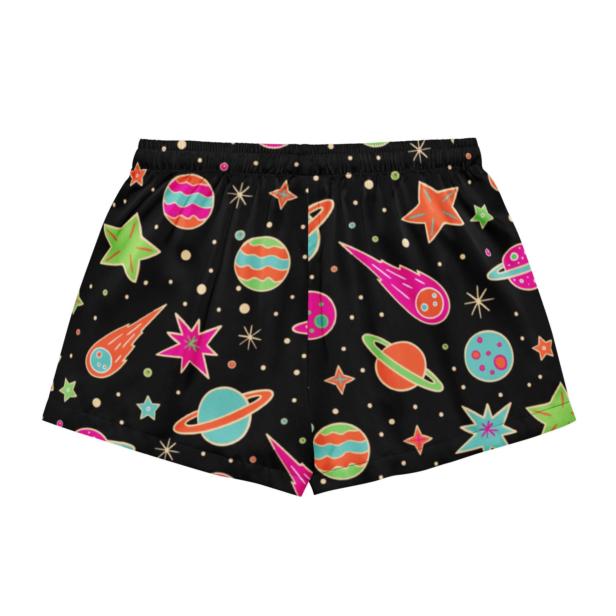 Women’s retro neon space silky pajama shorts in black with vibrant cosmic pattern and drawstring waist for lightweight comfort