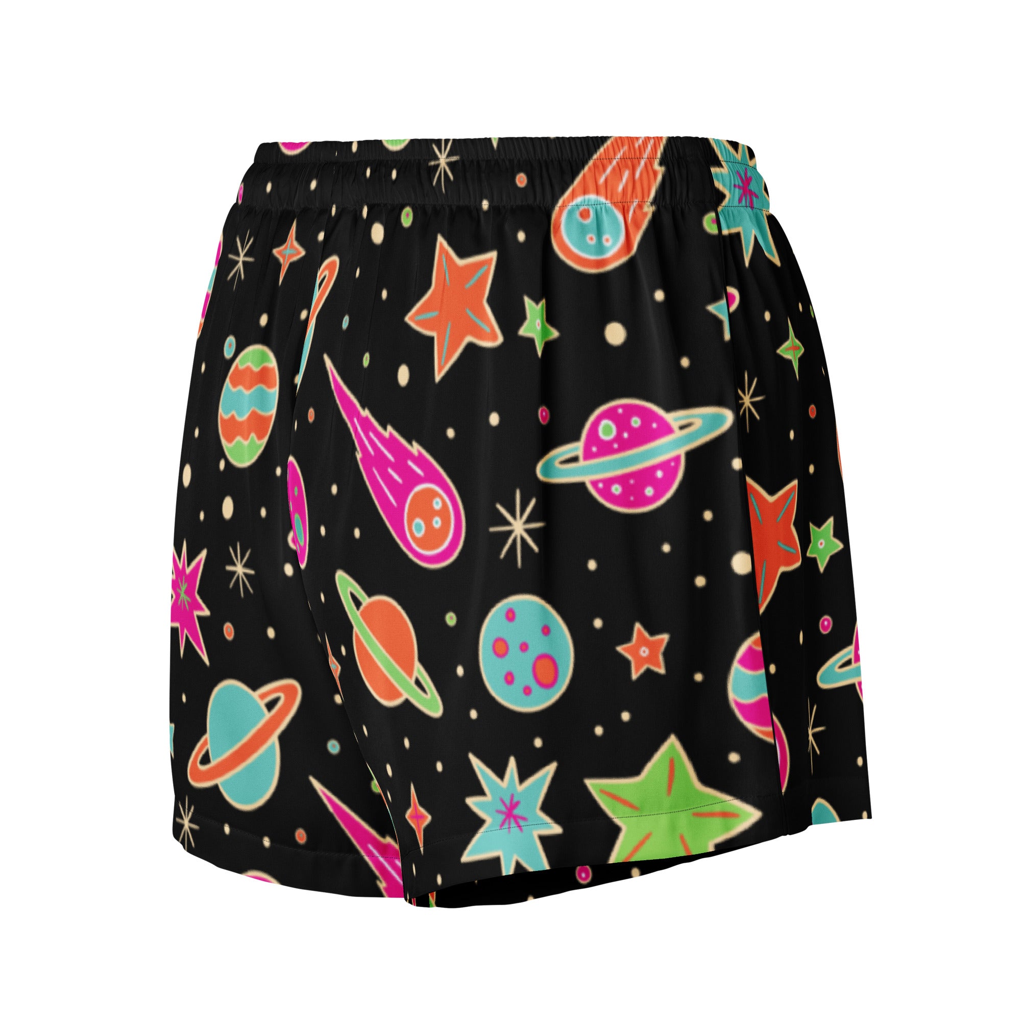 Women’s retro neon space silky pajama shorts in black with vibrant colorful planets stars and comets print