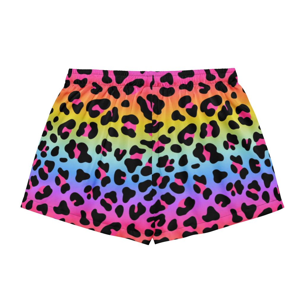 Women’s rainbow leopard silky pajama shorts with vibrant gradient print and stretchy elastic waistband for lightweight comfort
