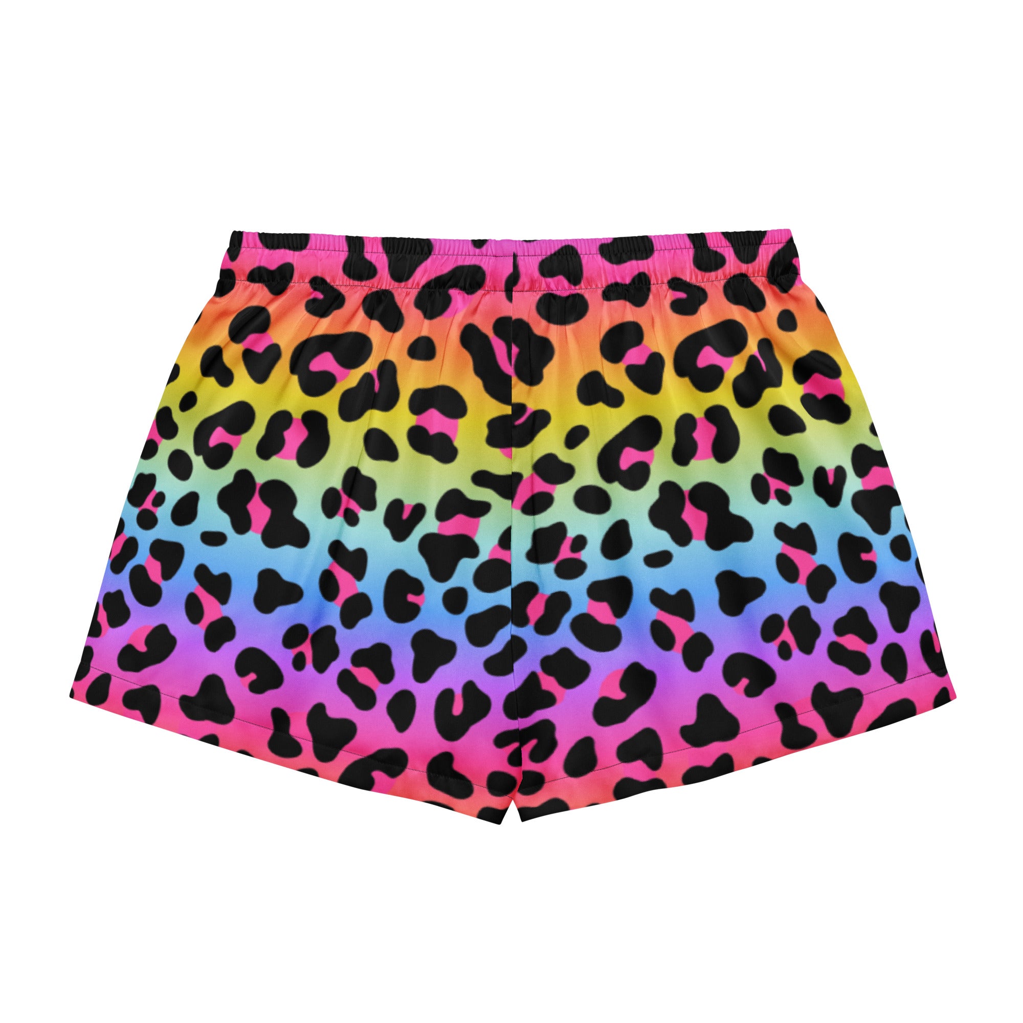 Women’s rainbow leopard silky pajama shorts with vibrant gradient print and stretchy elastic waistband for lightweight comfort