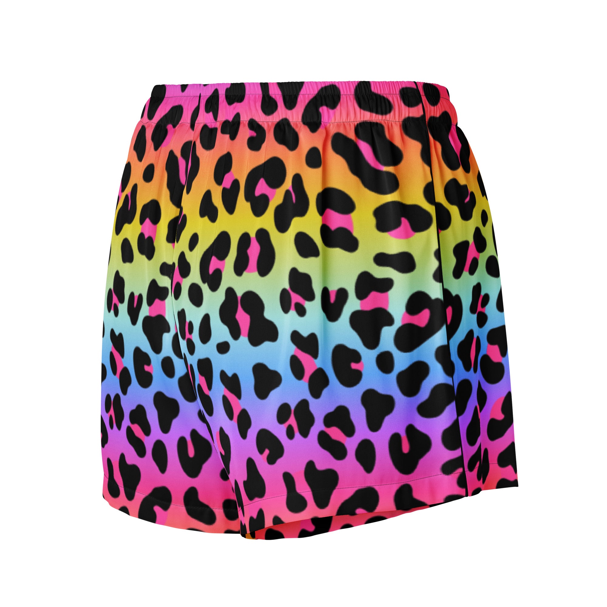 Women’s rainbow leopard silky pajama shorts with vibrant gradient print elastic waistband and lightweight relaxed fit