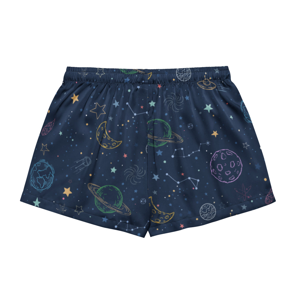Women’s dark blue silky pajama shorts with colorful pastel space print lightweight relaxed fit and drawstring waist
