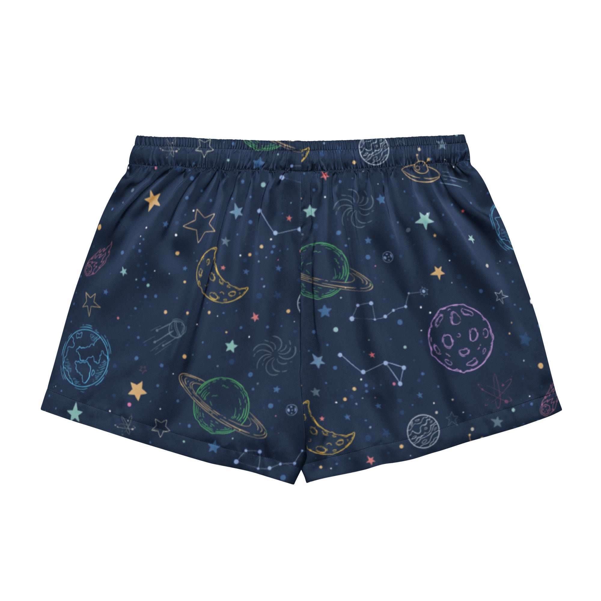 Women’s dark blue silky pajama shorts with colorful pastel space print lightweight relaxed fit and drawstring waist