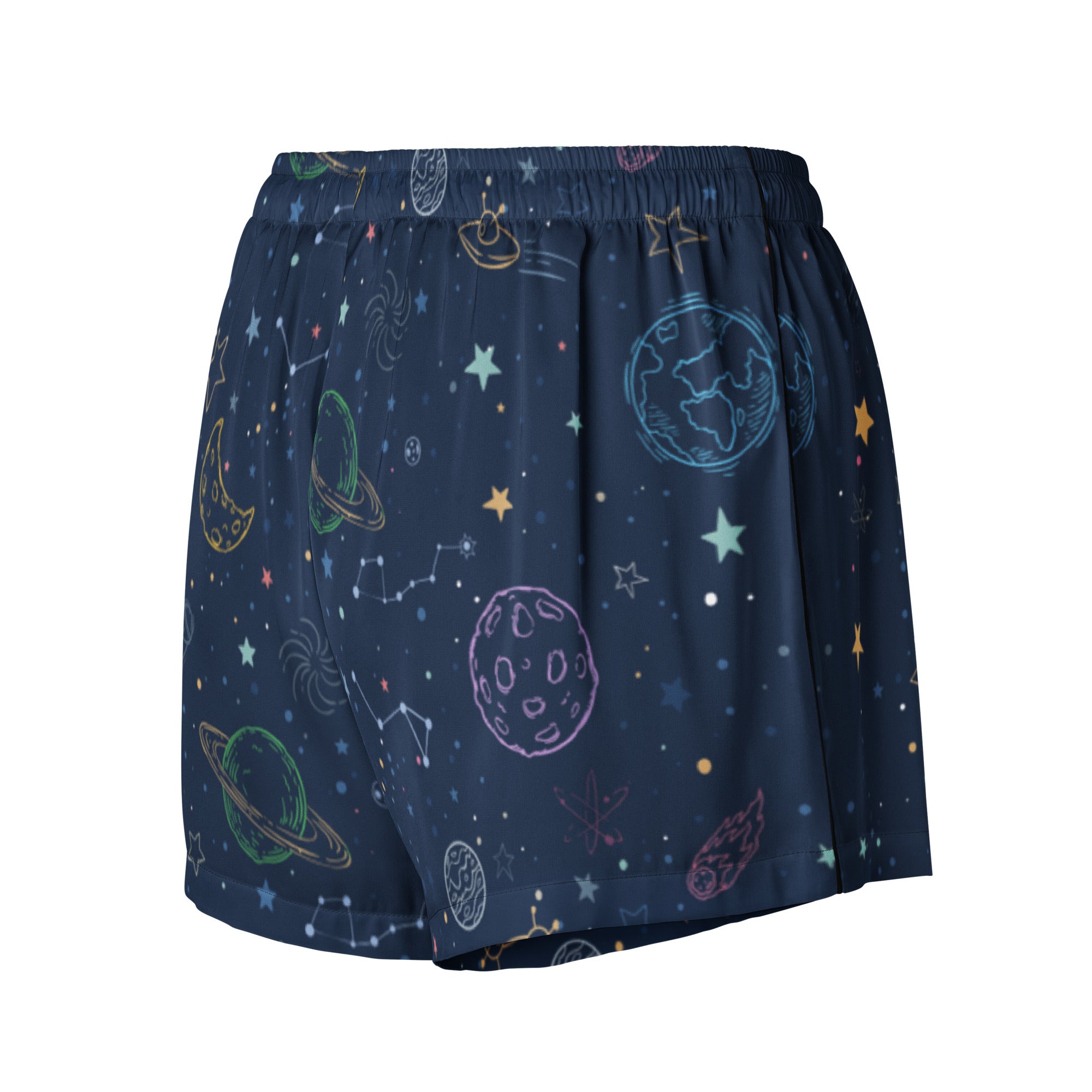 Dark blue silky women’s pajama shorts with playful pastel space-themed print and lightweight relaxed fit with drawstring waist