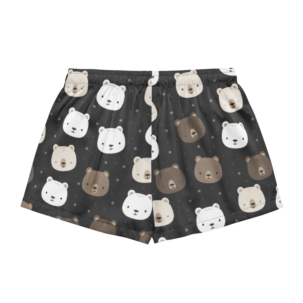 Women’s black silky pajama shorts with playful white and brown bear face pattern lightweight relaxed fit with drawstring waist