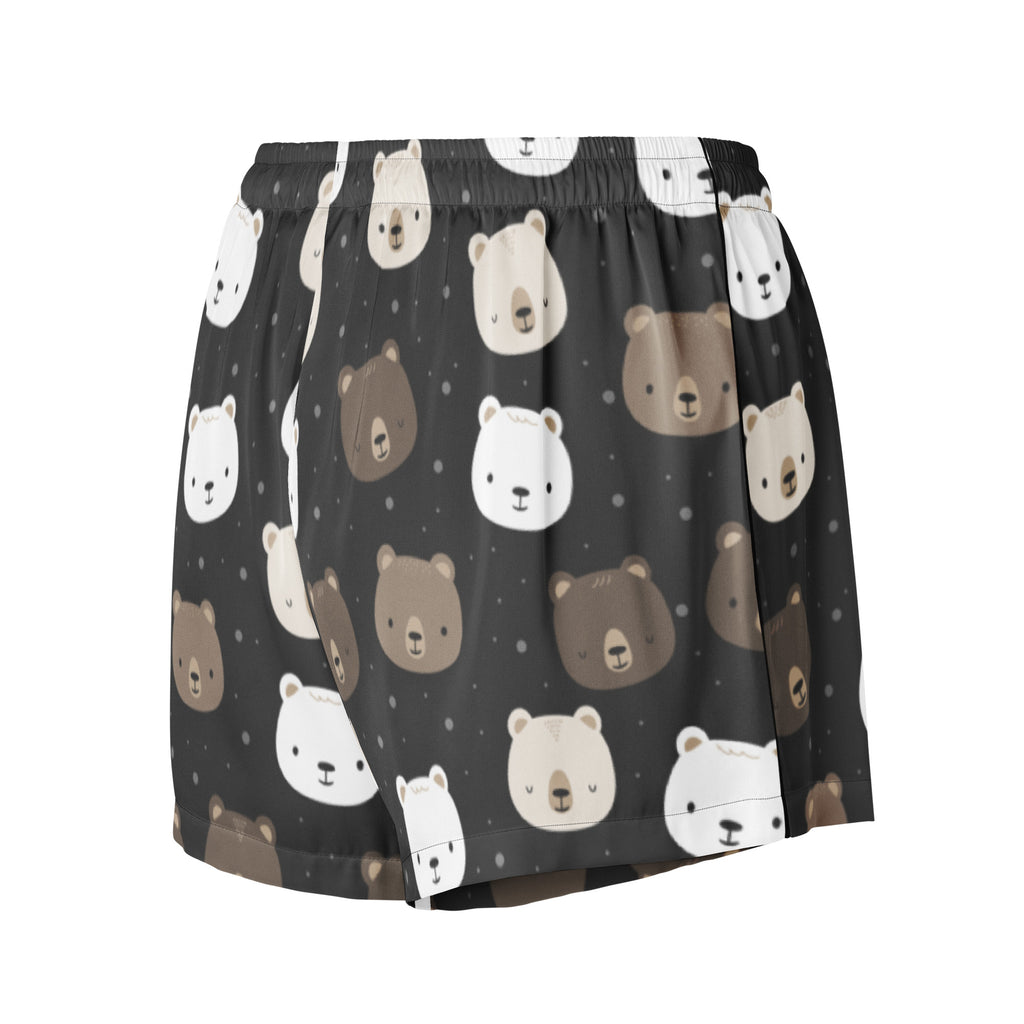 Women’s silky black pajama shorts with playful white and brown bear face pattern lightweight relaxed fit with drawstring waist