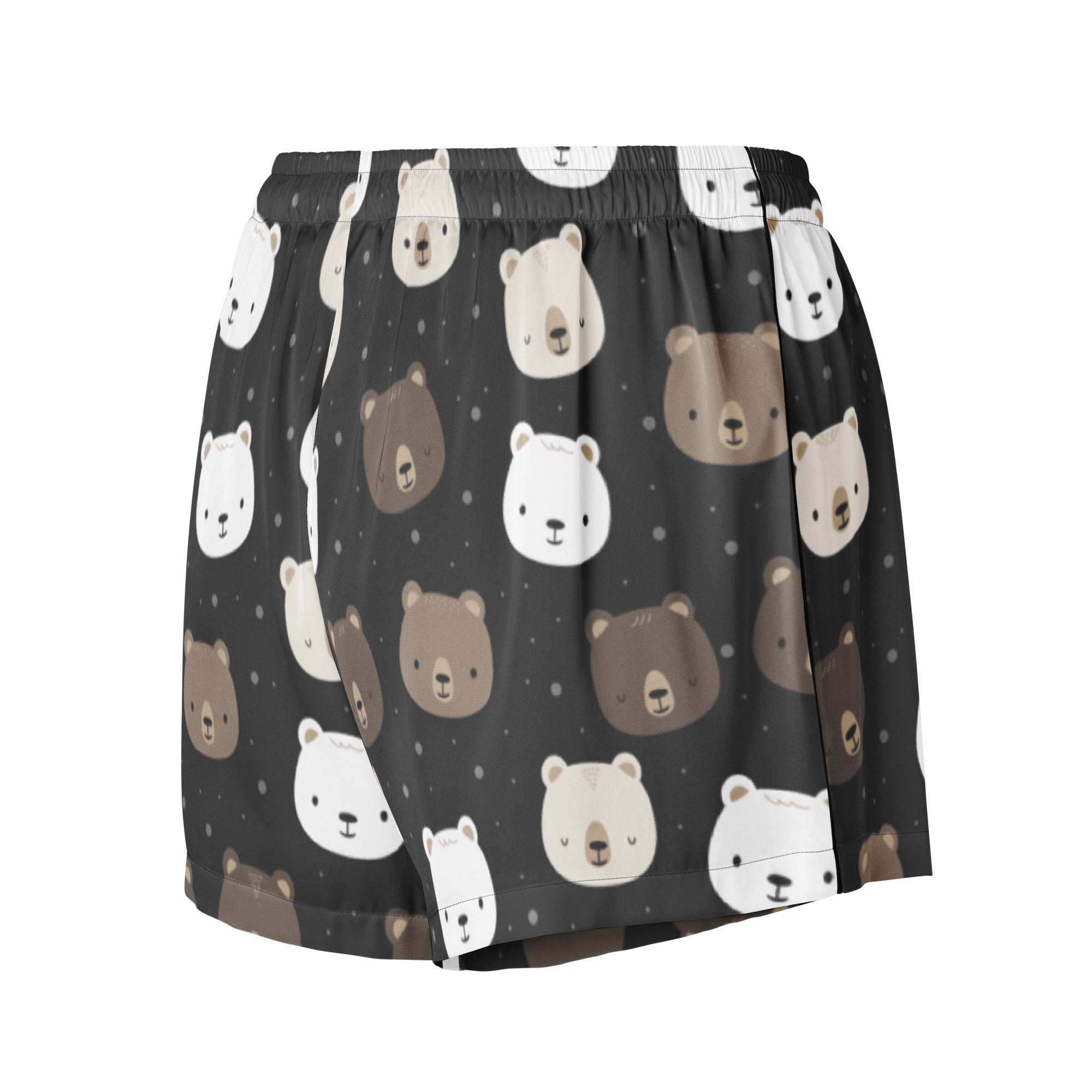 Women’s silky black pajama shorts with playful white and brown bear face pattern lightweight relaxed fit with drawstring waist