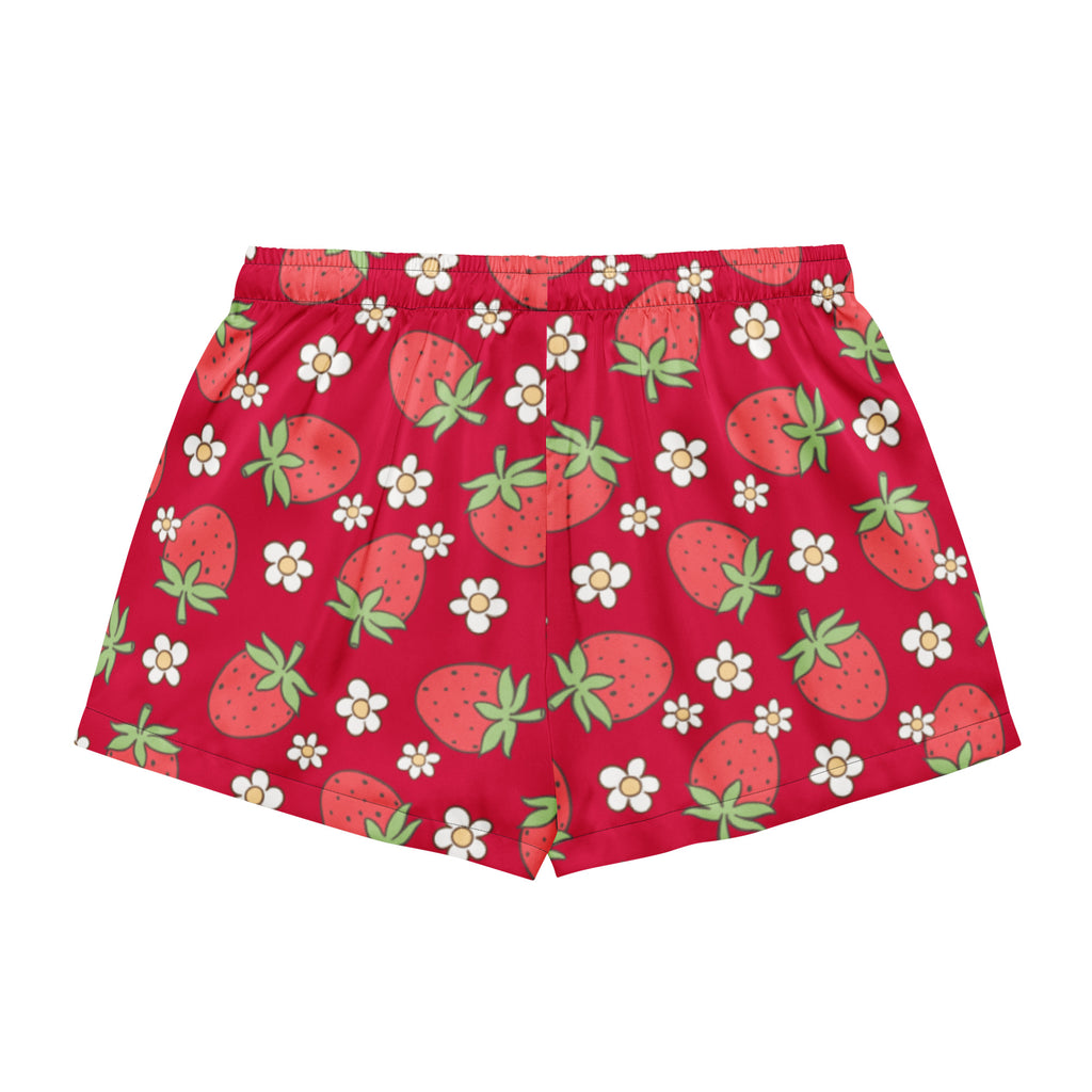 Women’s red silky pajama shorts with strawberry and daisy pattern lightweight relaxed fit with drawstring waist