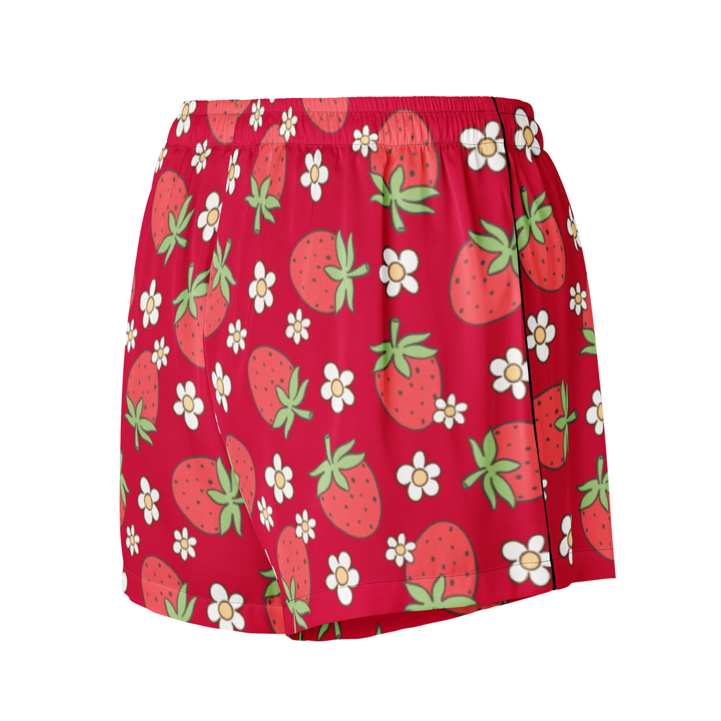 Women’s red silky pajama shorts with playful cartoon strawberry and white daisy pattern lightweight relaxed fit