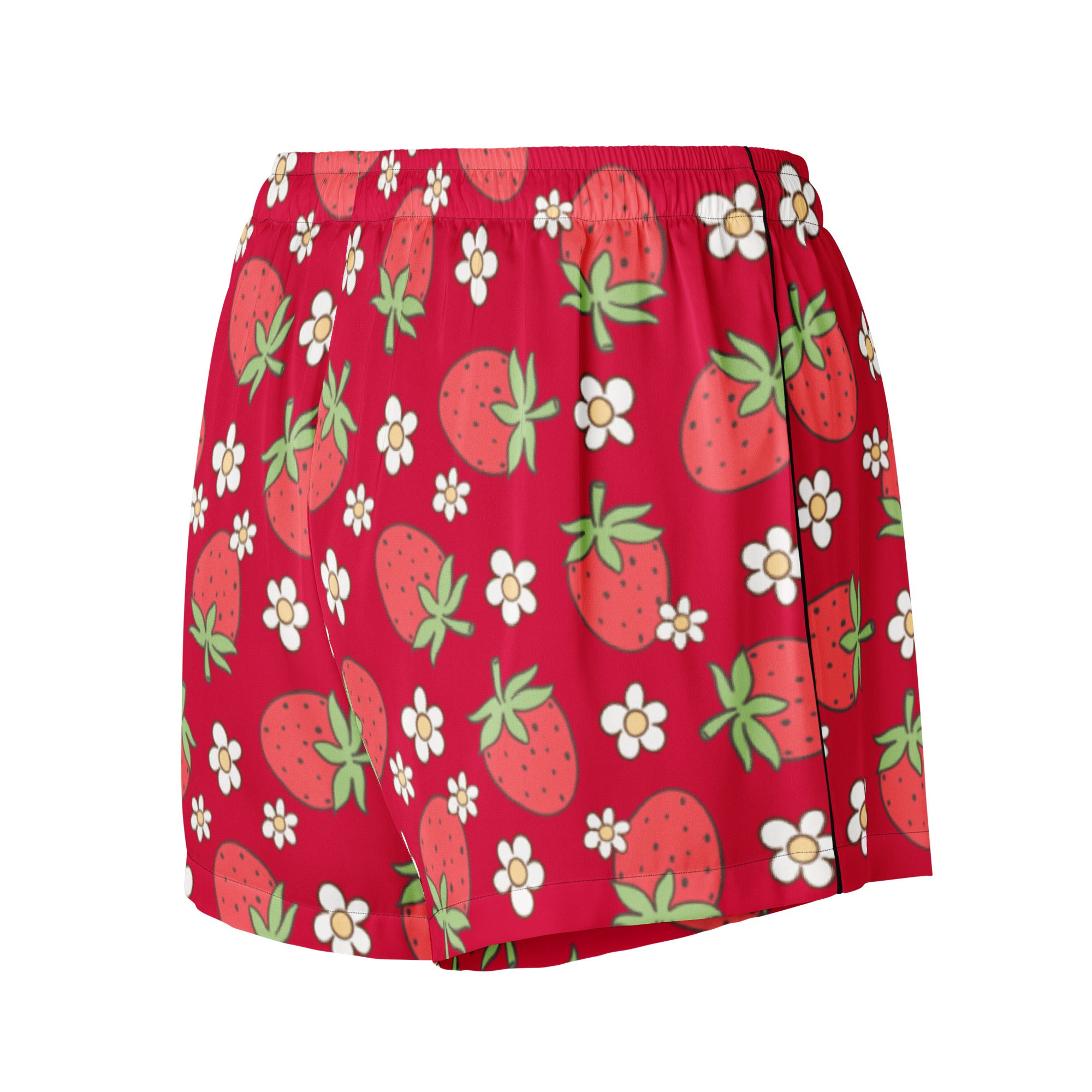Women’s red silky pajama shorts with playful cartoon strawberry and white daisy pattern lightweight relaxed fit