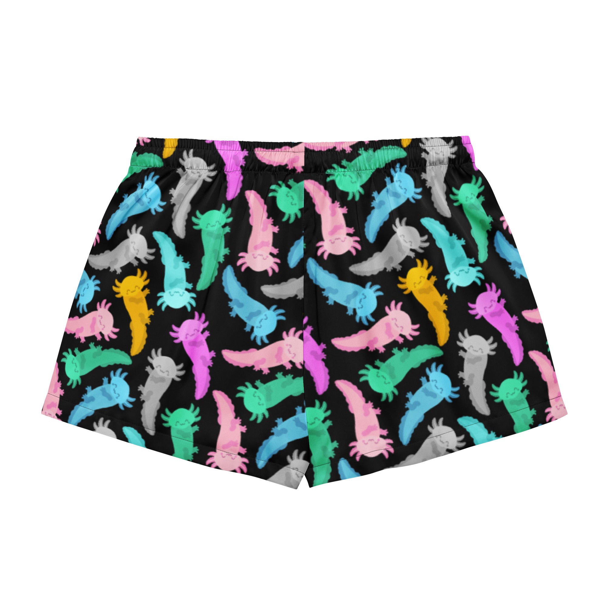 Women’s lightweight silky pajama shorts in black with colorful pink blue green yellow and gray axolotl print and drawstring waist