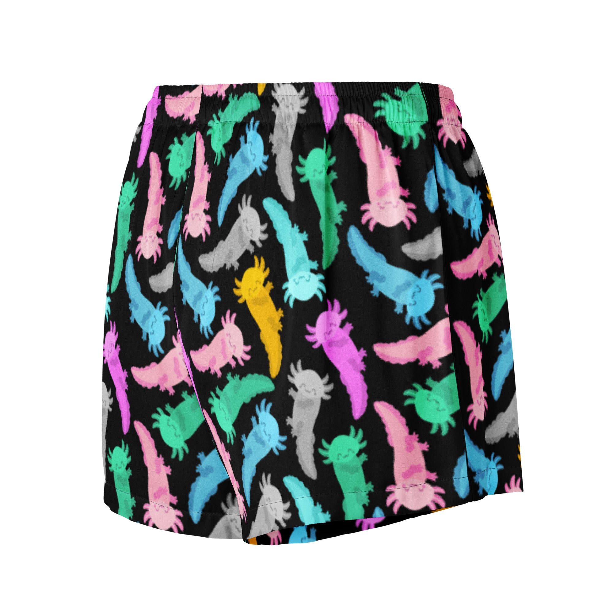 Women’s colorful axolotl silky pajama shorts in black with vibrant multicolor cartoon axolotl print and drawstring waist