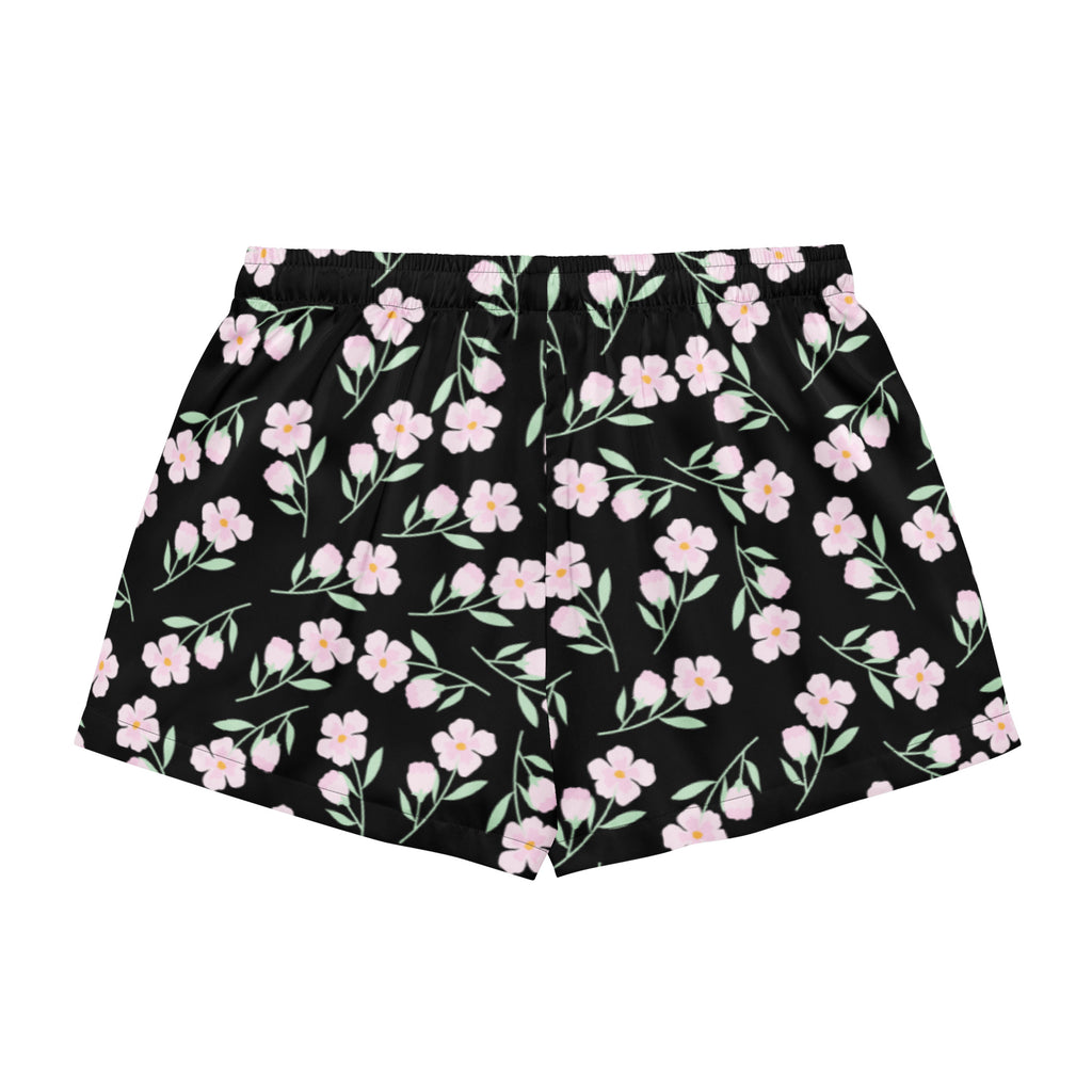 Women’s black silky pajama shorts with pink floral pattern and green stems lightweight relaxed fit with drawstring waist