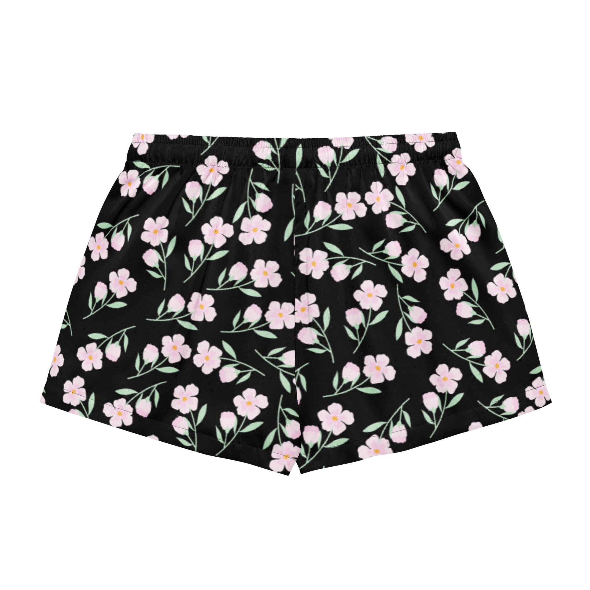 Women’s black silky pajama shorts with pink floral pattern and green stems lightweight relaxed fit with drawstring waist