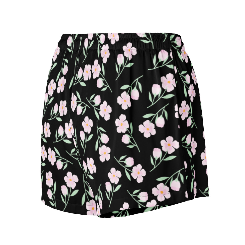 Women’s black floral silky pajama shorts with pink blossoms and green stems lightweight relaxed fit with drawstring waist