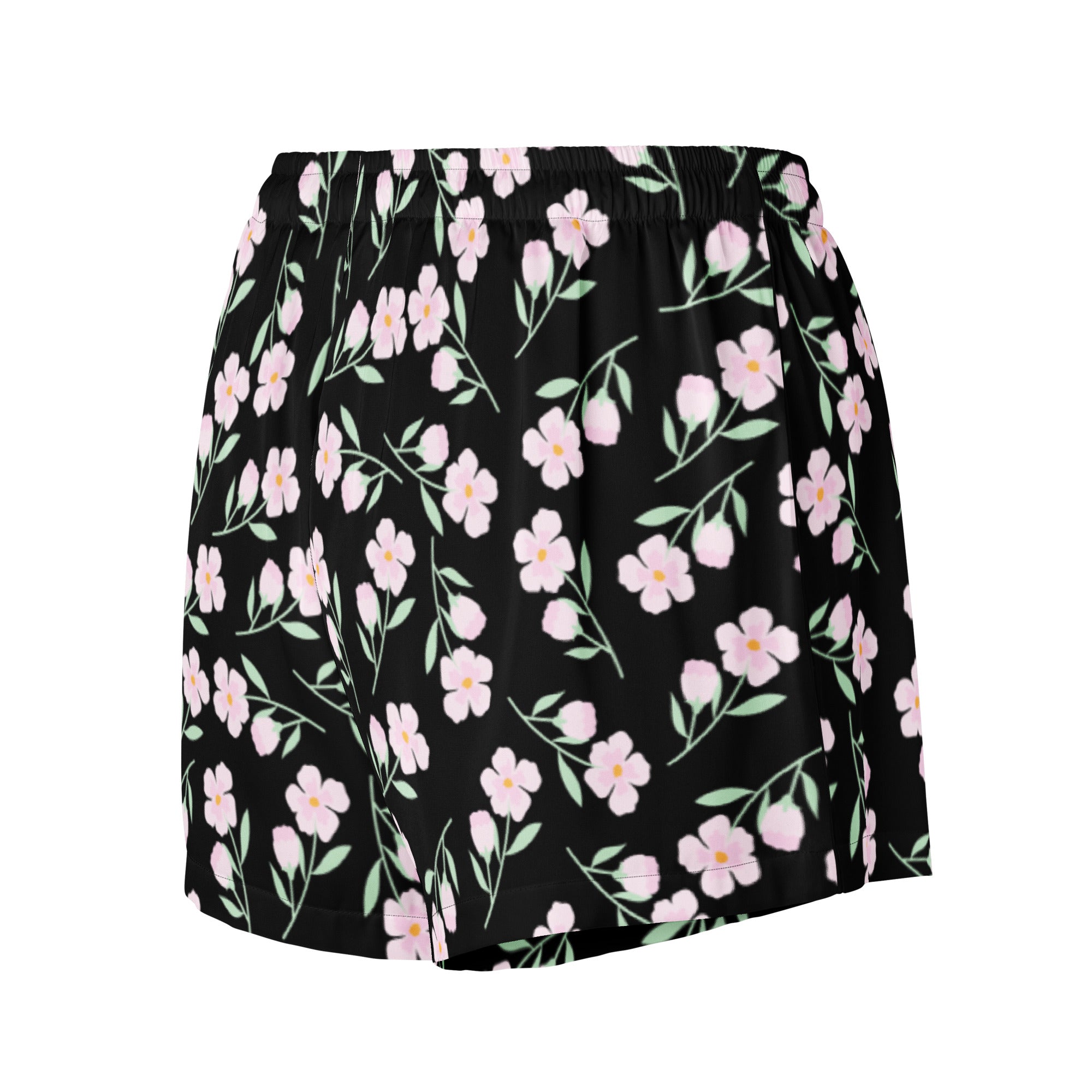 Women’s black floral silky pajama shorts with pink blossoms and green stems lightweight relaxed fit with drawstring waist