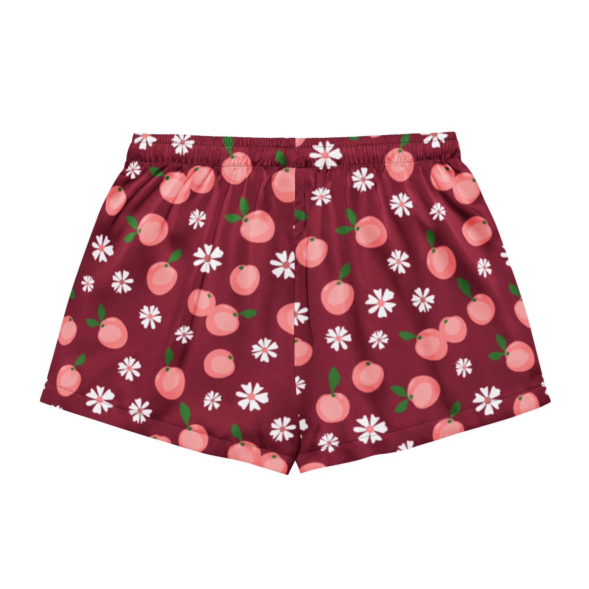 Women’s burgundy silky pajama shorts with lightweight relaxed fit and drawstring waist featuring pink peaches and daisies