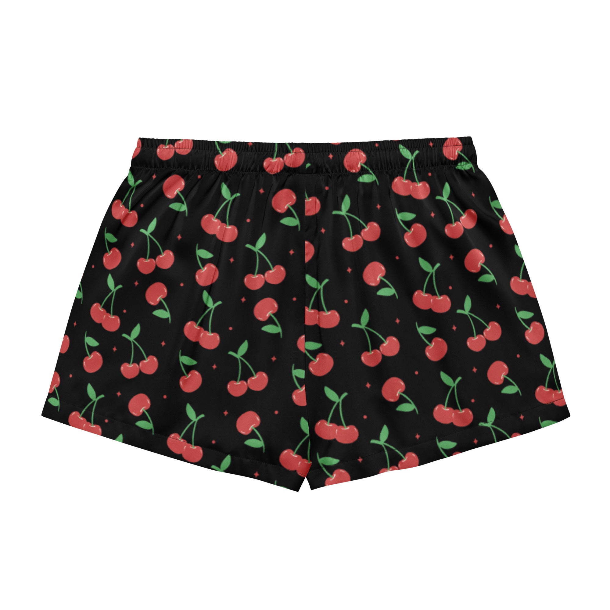 Women’s black silky pajama shorts with a playful red cherry pattern green stems small diamond accents and drawstring waist