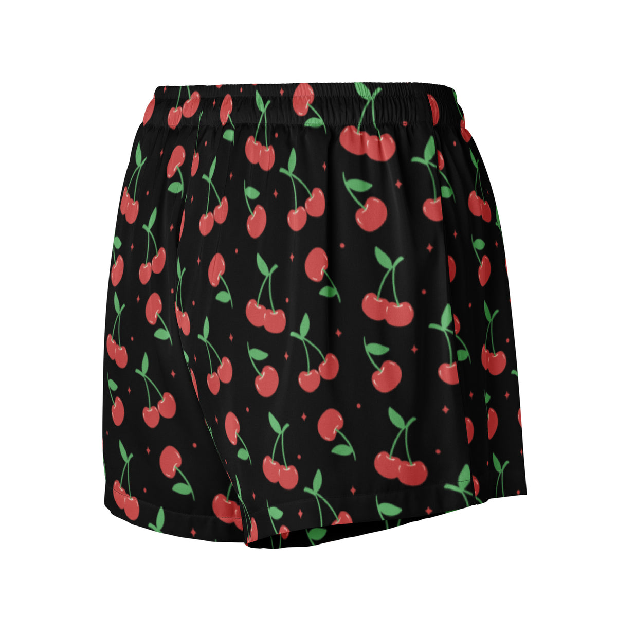 Women’s black silky pajama shorts with vibrant red cherry pattern green stems small diamond accents lightweight relaxed fit
