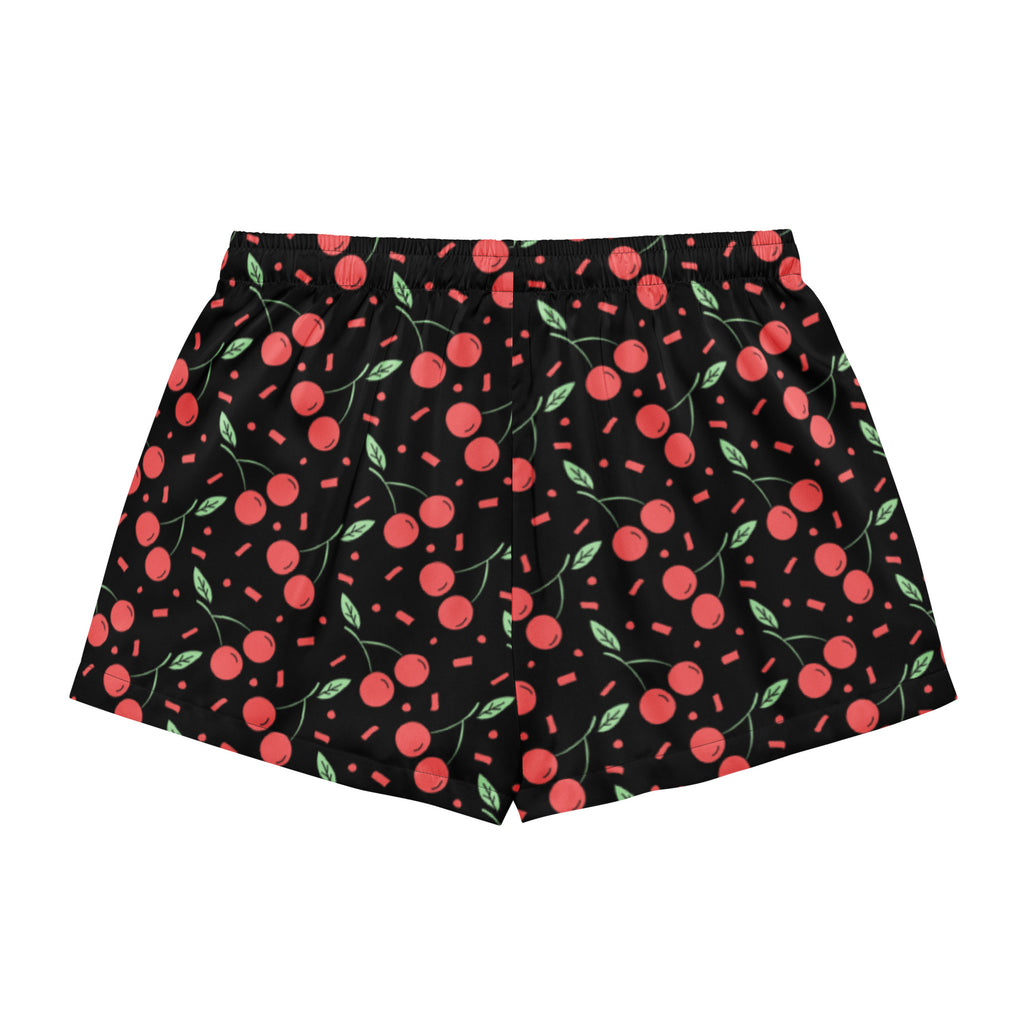 Women’s black silky pajama shorts with red cherry pattern green leaves pink confetti lightweight relaxed fit with drawstring waist