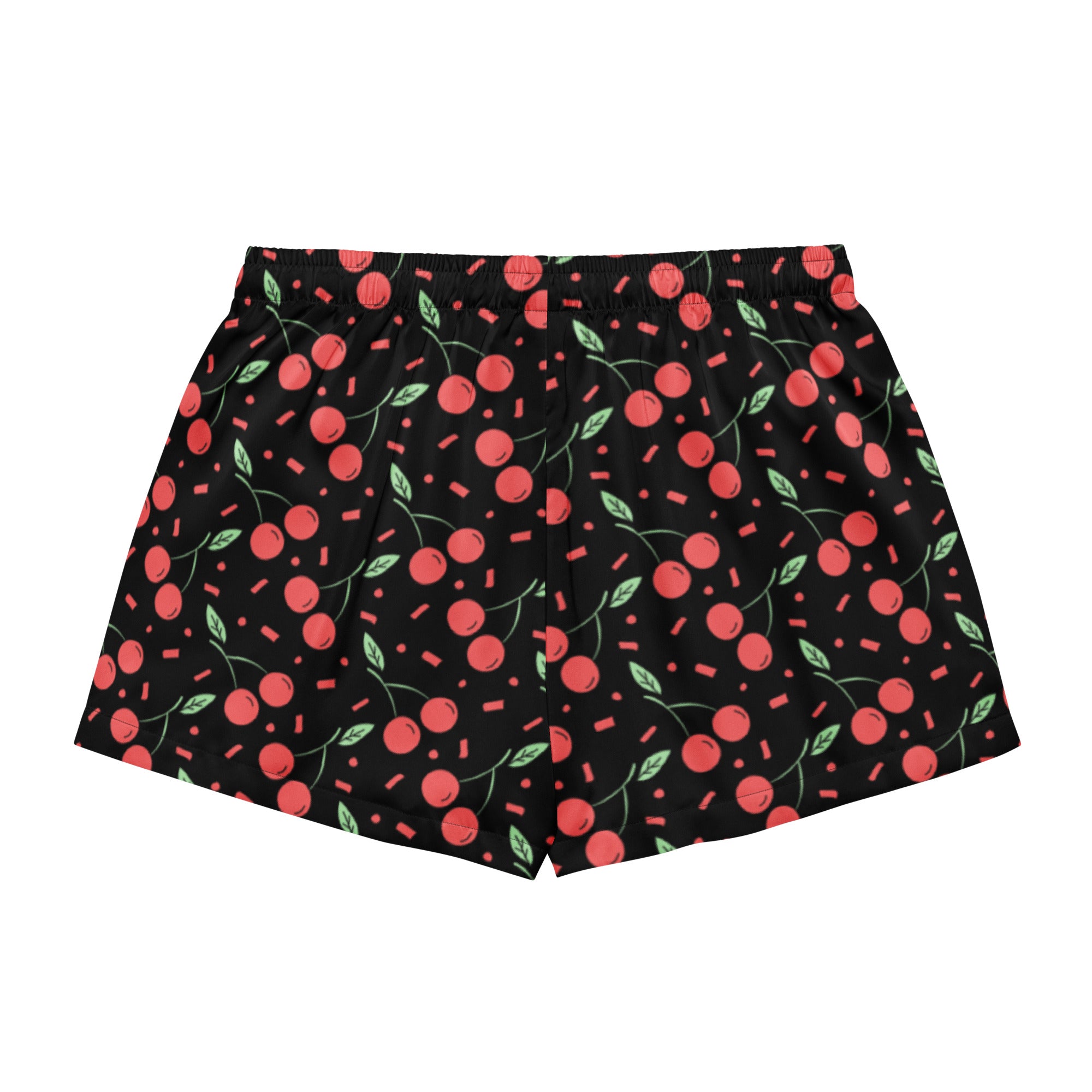 Women’s black silky pajama shorts with red cherry pattern green leaves pink confetti lightweight relaxed fit with drawstring waist