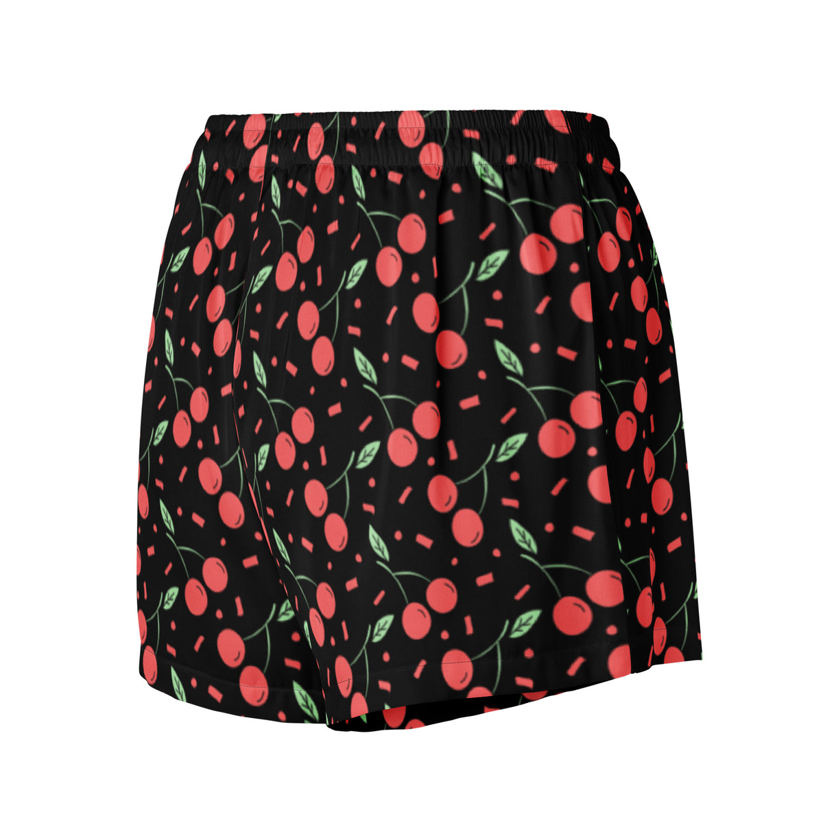 Women’s black silky pajama shorts with playful red cherry and pink confetti pattern lightweight relaxed fit with drawstring waist