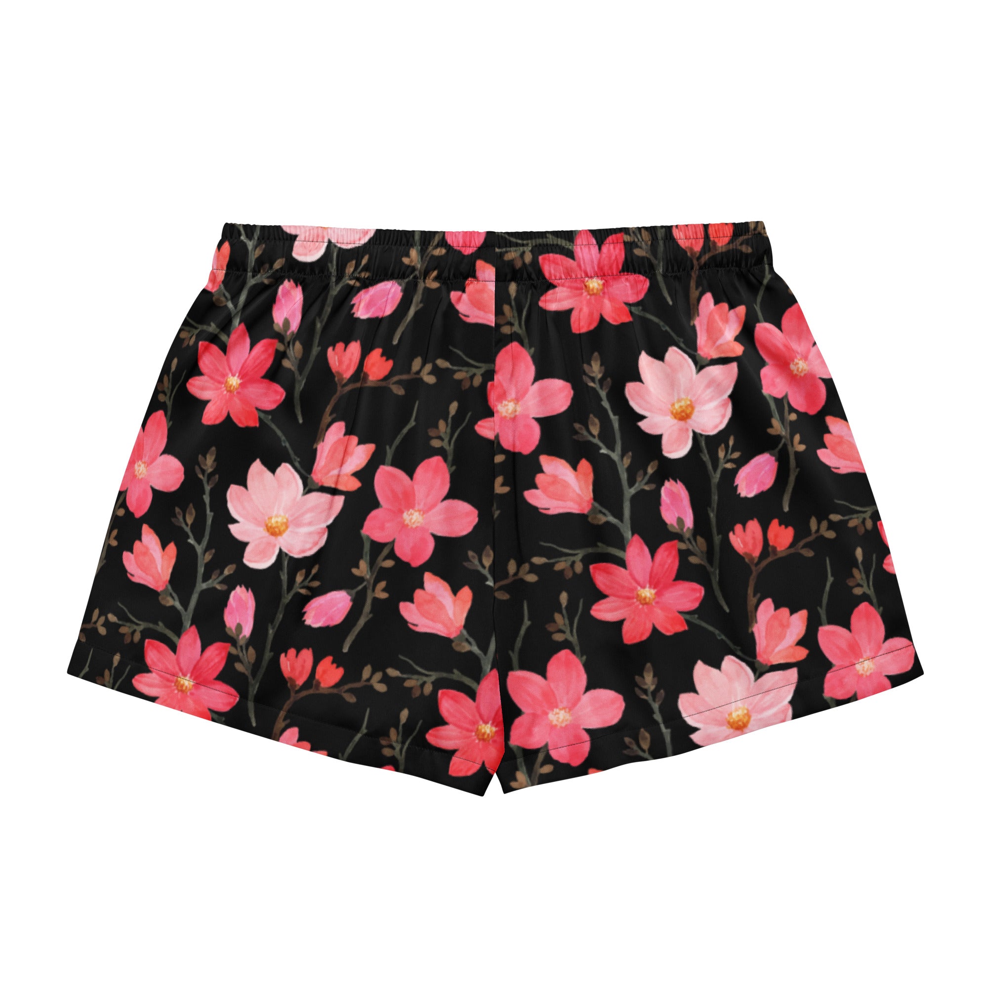 Women’s black silky pajama shorts with pink coral watercolor floral pattern lightweight relaxed fit with drawstring waist
