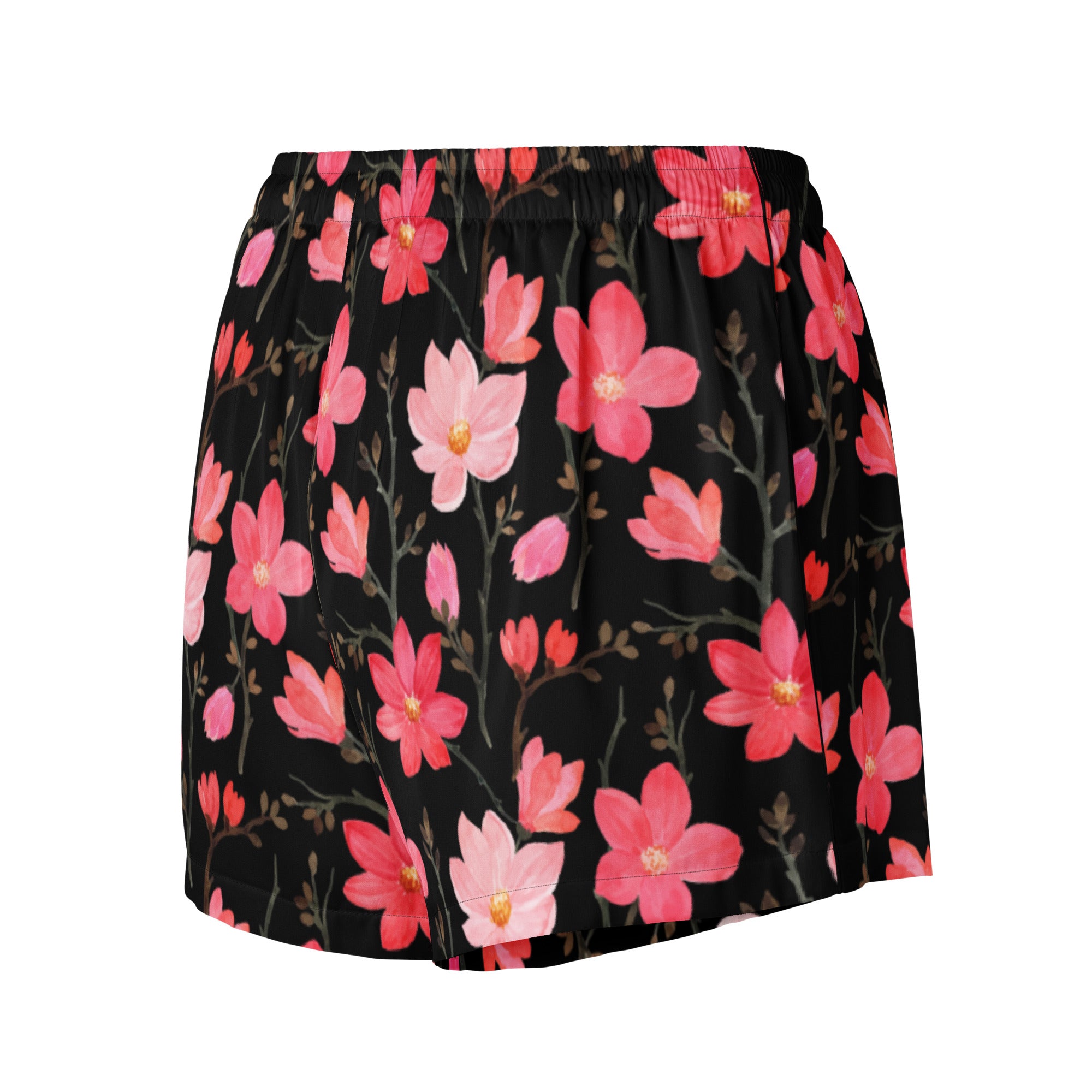 Women’s pink watercolor flowers silky pajama shorts in black with vibrant pink and coral blossoms on soft fabric