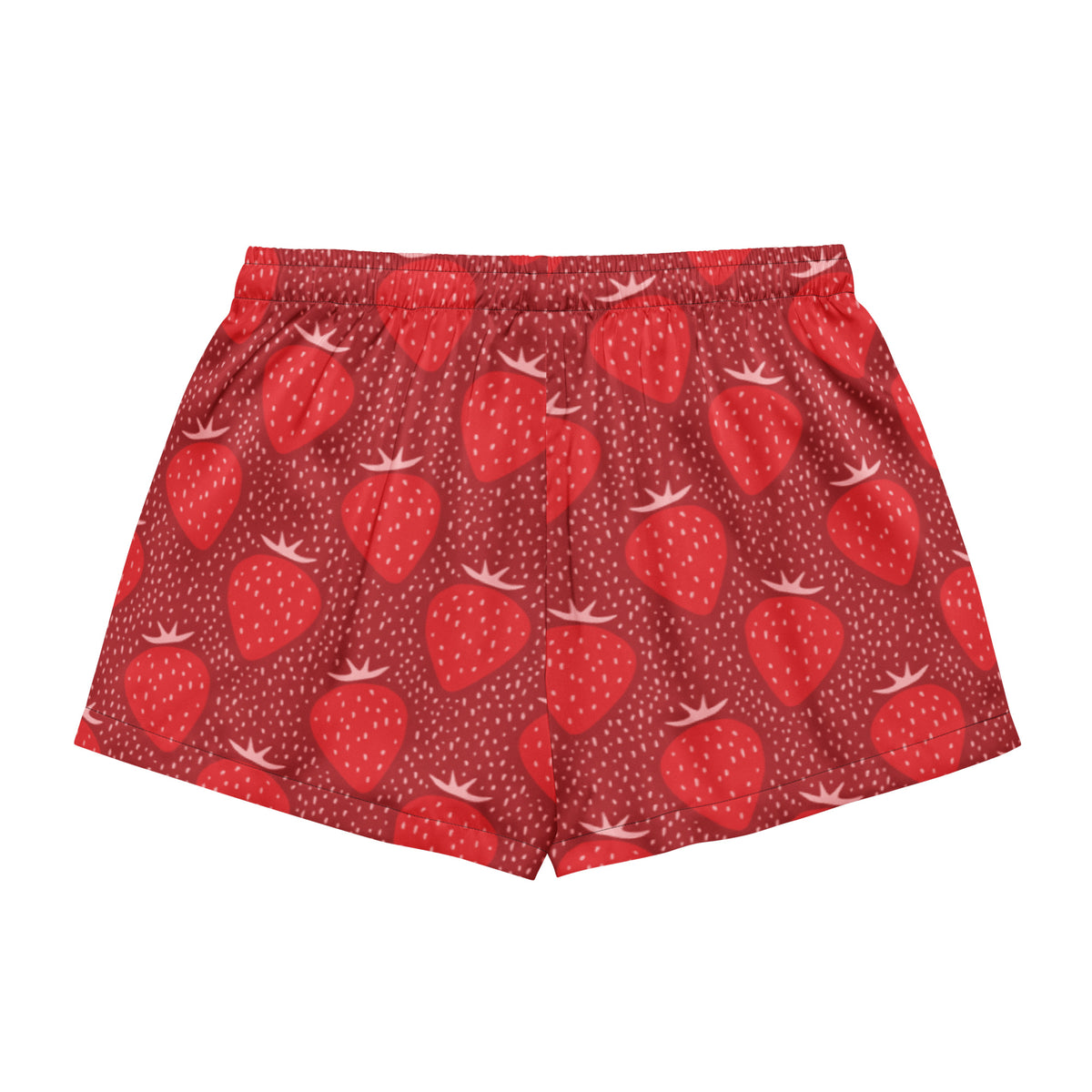 Women’s strawberry silky pajama shorts in red with playful dotted pattern lightweight relaxed fit and drawstring waist
