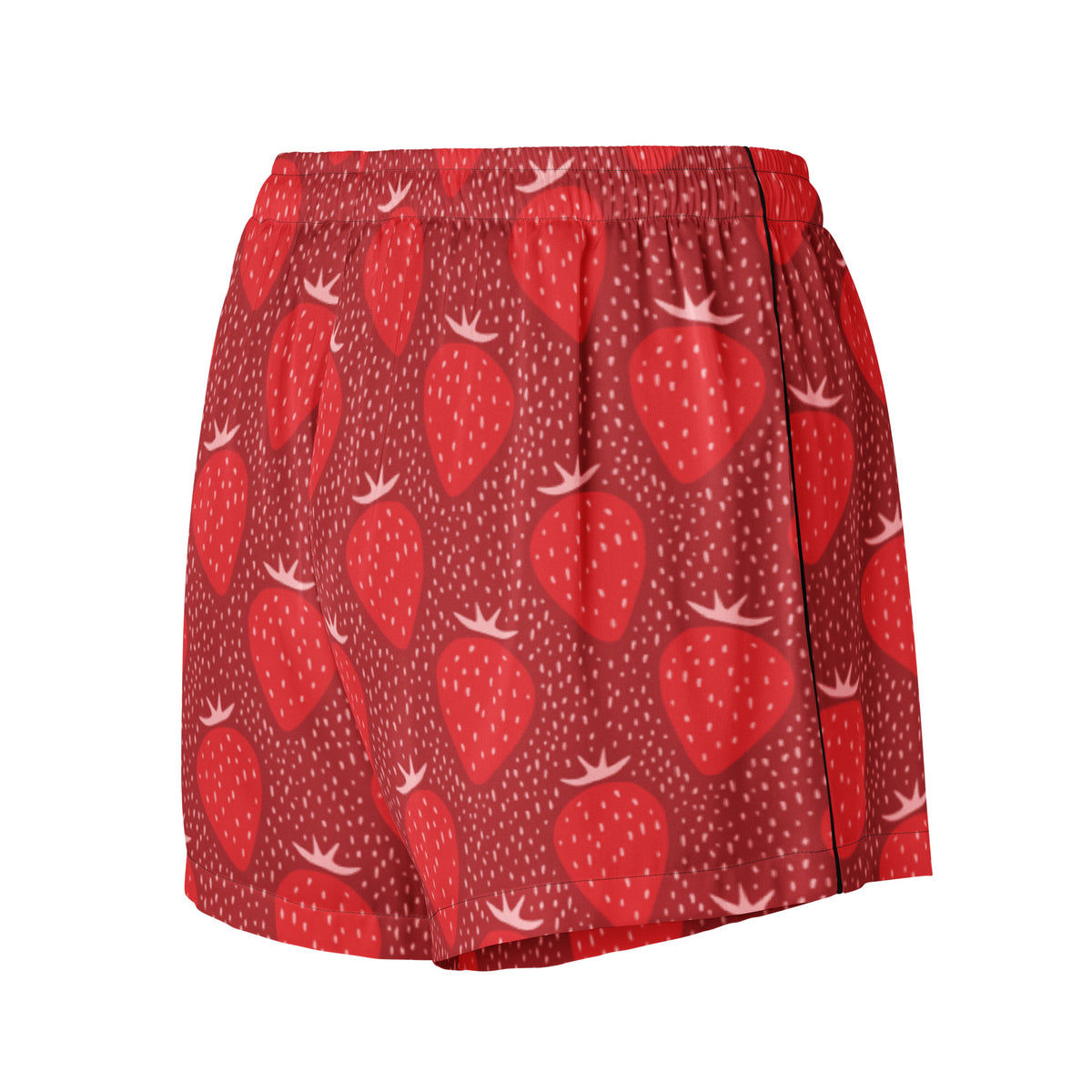 Women’s red silky pajama shorts with strawberry pattern lightweight relaxed fit and drawstring waist