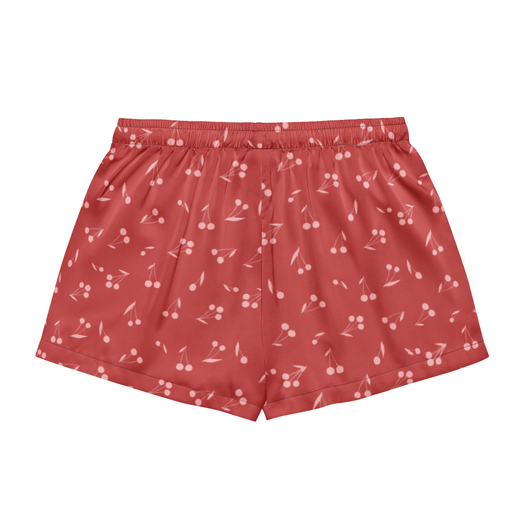 Women’s crimson cherry-print satin pajama shorts with lightweight silky fabric and drawstring waist for relaxed fit