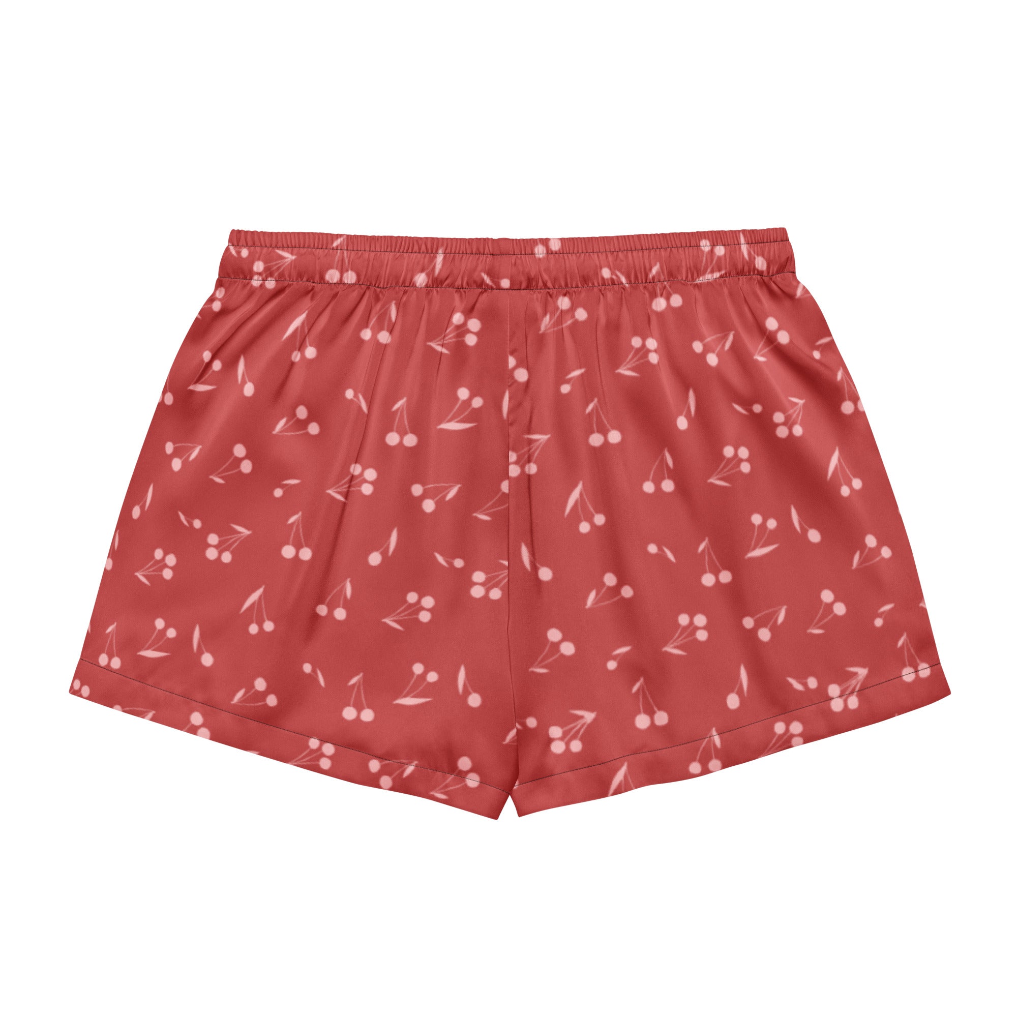 Women’s crimson cherry-print satin pajama shorts with lightweight silky fabric and drawstring waist for relaxed fit