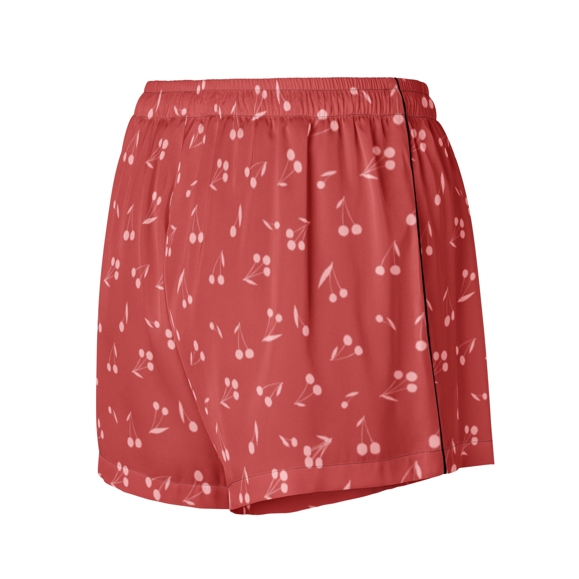 Women’s silky red pajama shorts with white cherry print lightweight relaxed fit and black side seam with drawstring waist