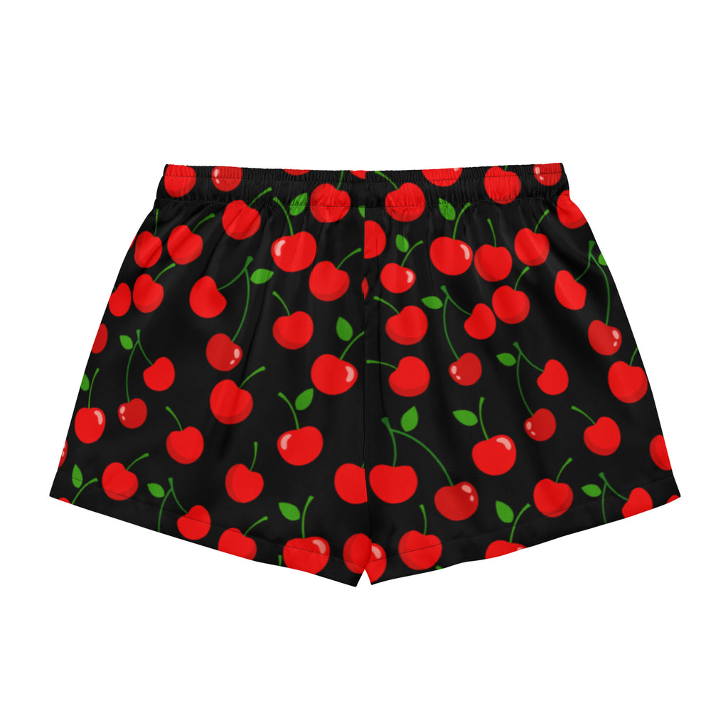 Black silky women’s pajama shorts with vibrant red cherry pattern lightweight relaxed fit with drawstring waist